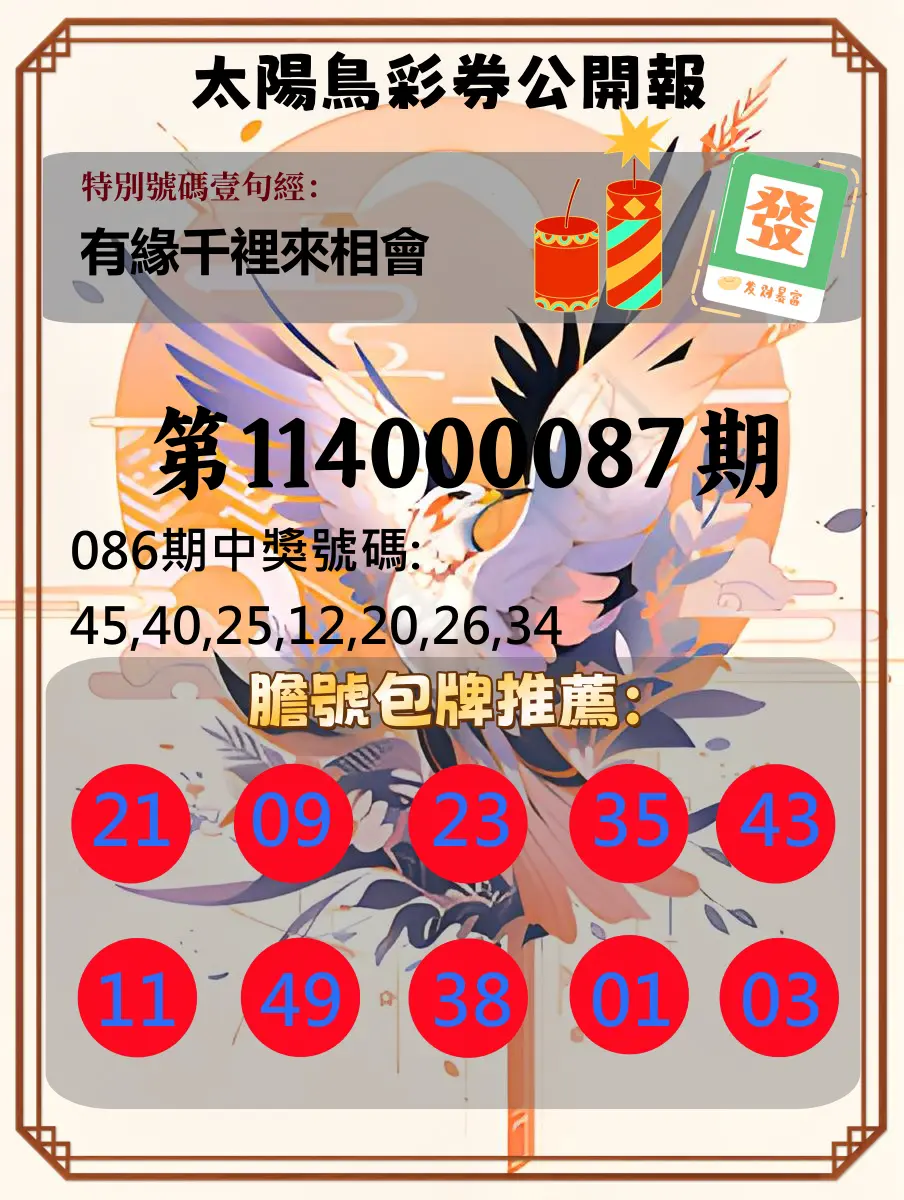 大樂透第114000087期(09/12)太陽鳥彩券公開報