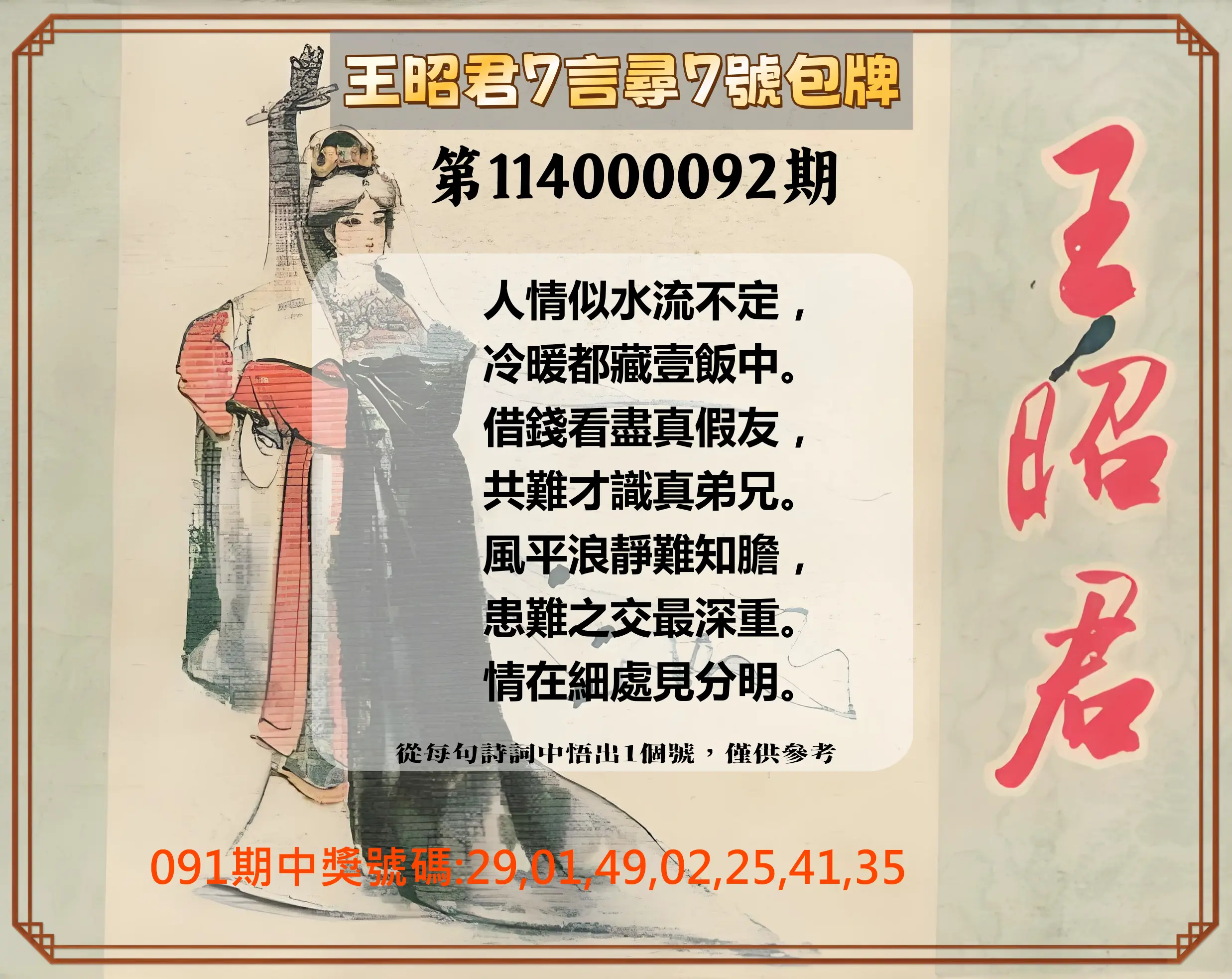大樂透第114000092期(09/30)王昭君7言尋7號包牌