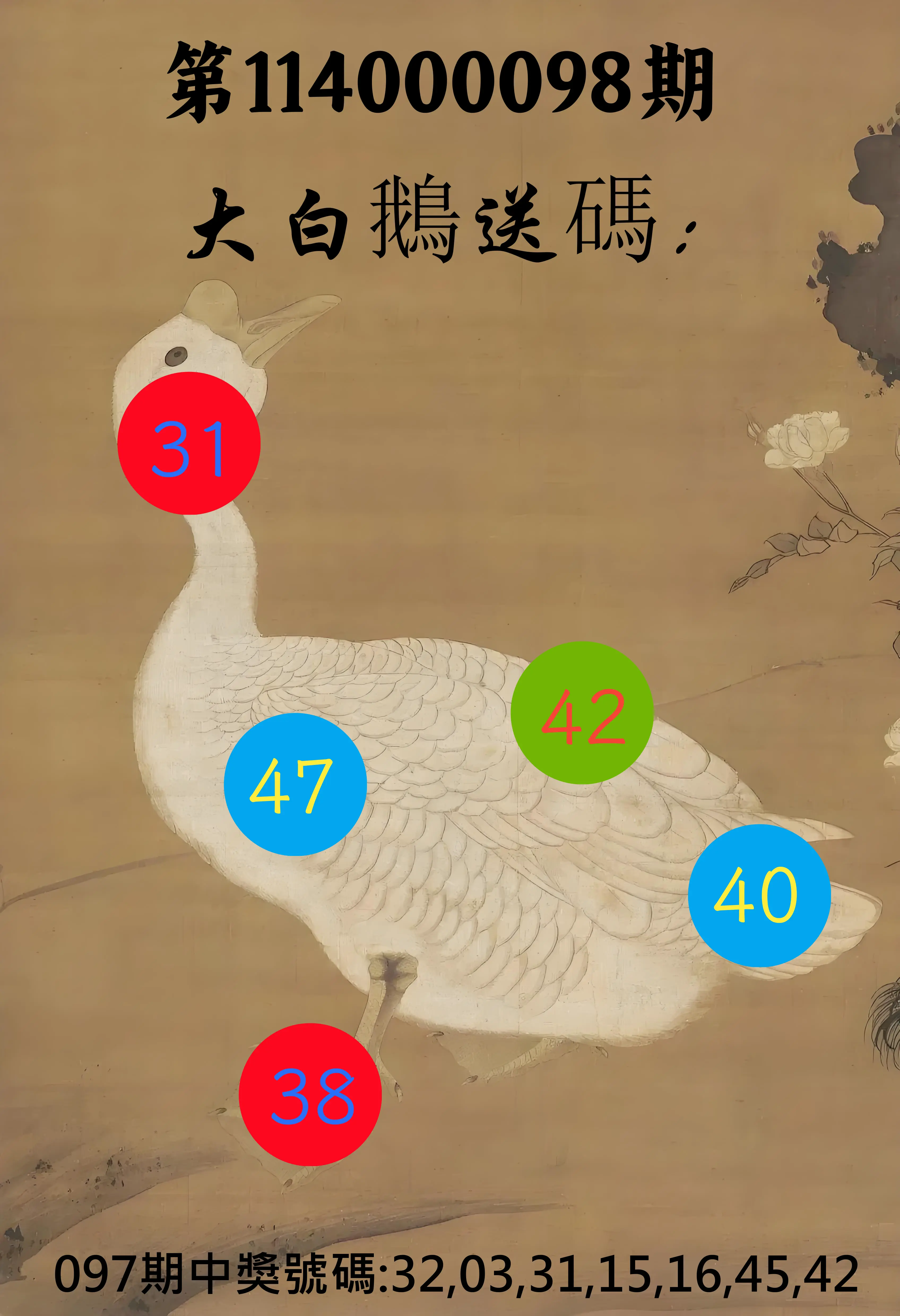 大樂透第114000098期(10/21)大白鵝送碼