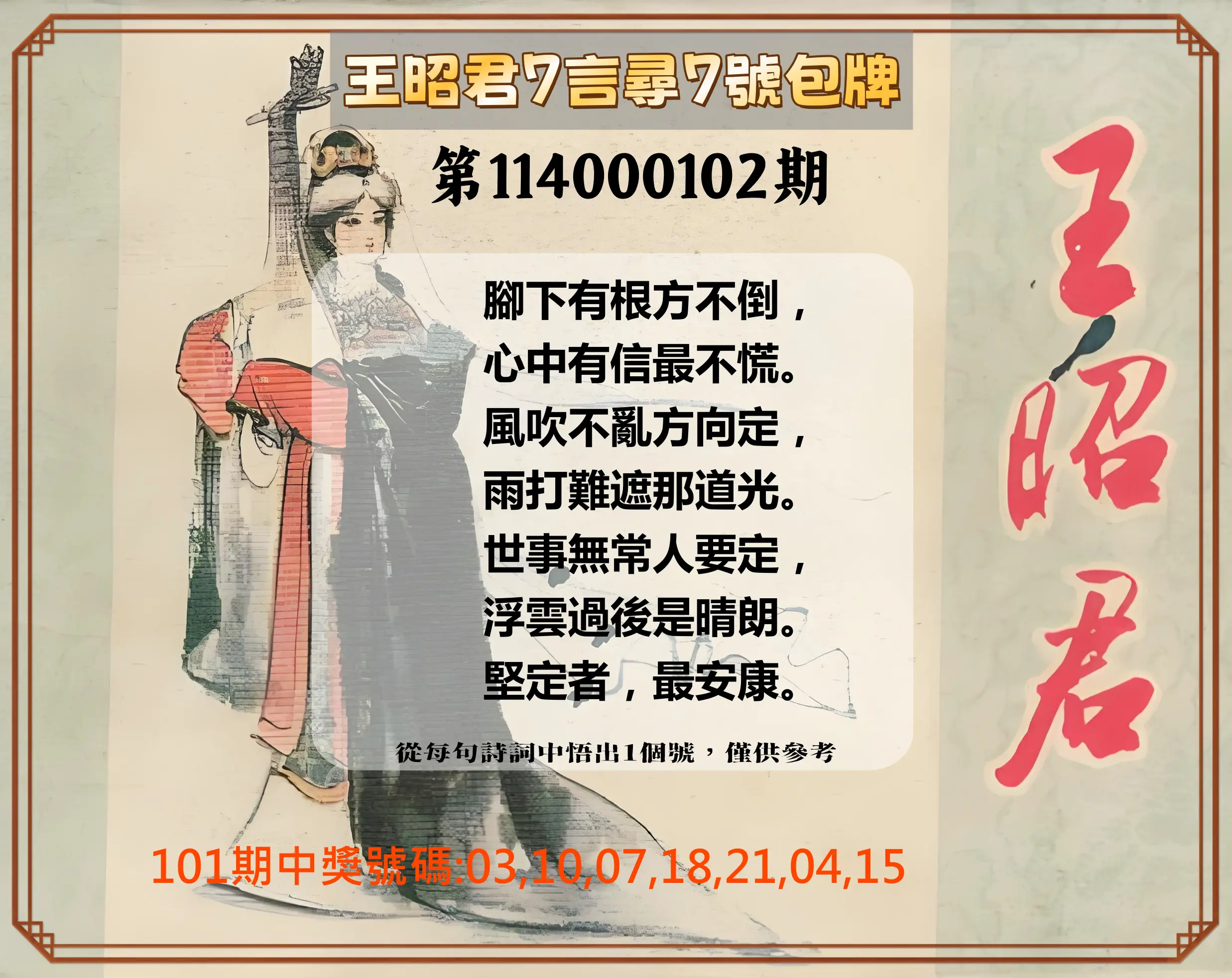 大樂透第114000102期(11/04)王昭君7言尋7號包牌