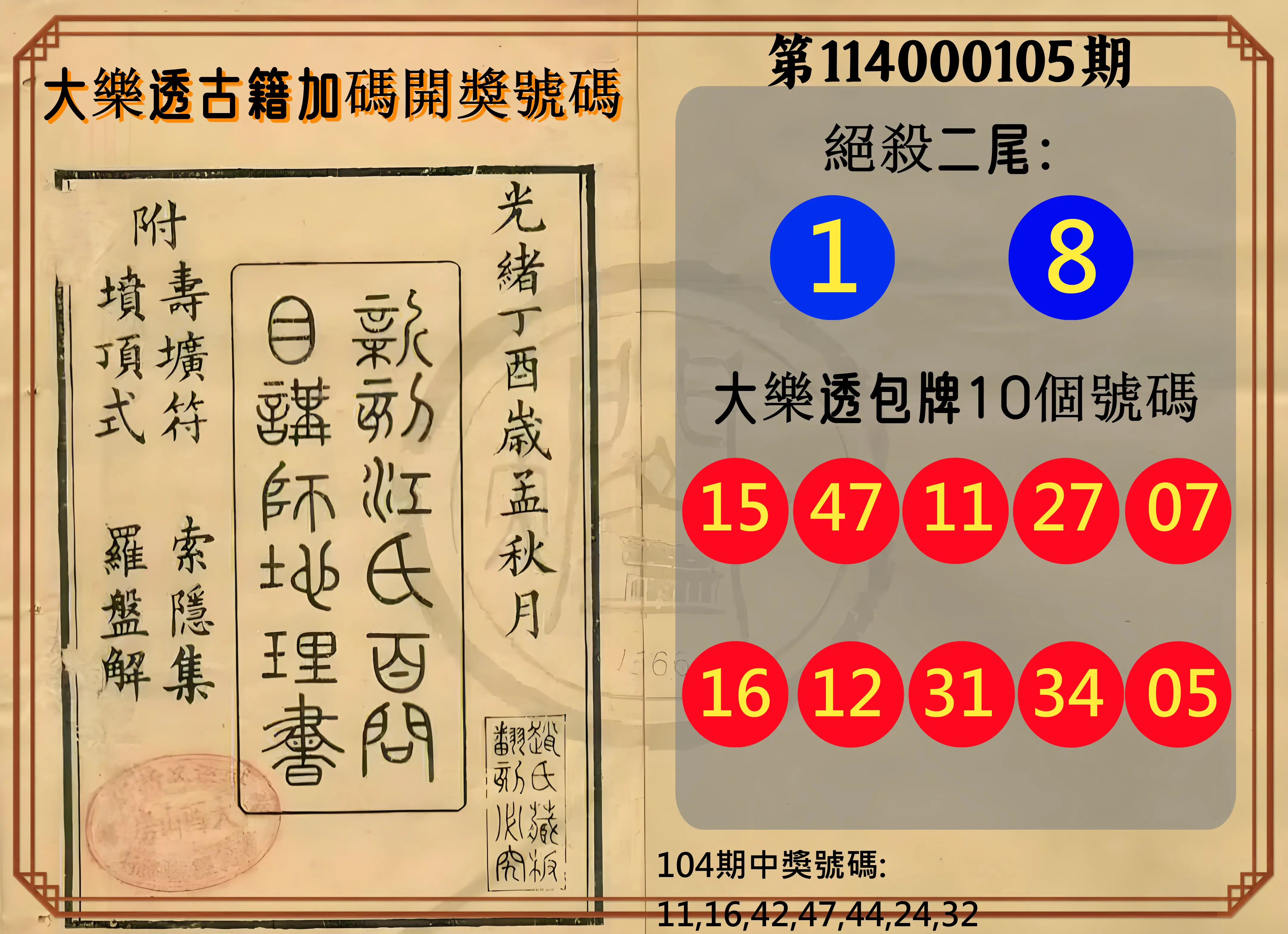 大樂透第114000105期(11/14)大樂透古籍加碼開獎號碼