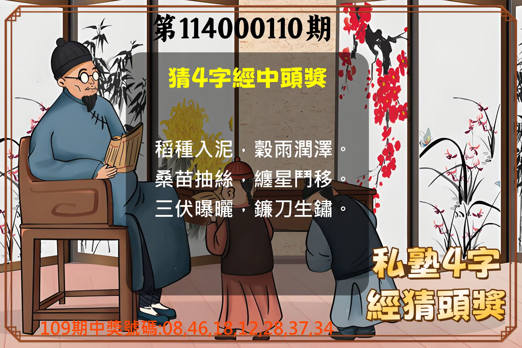 大樂透第114000110期(12/02)私塾4字經猜頭獎