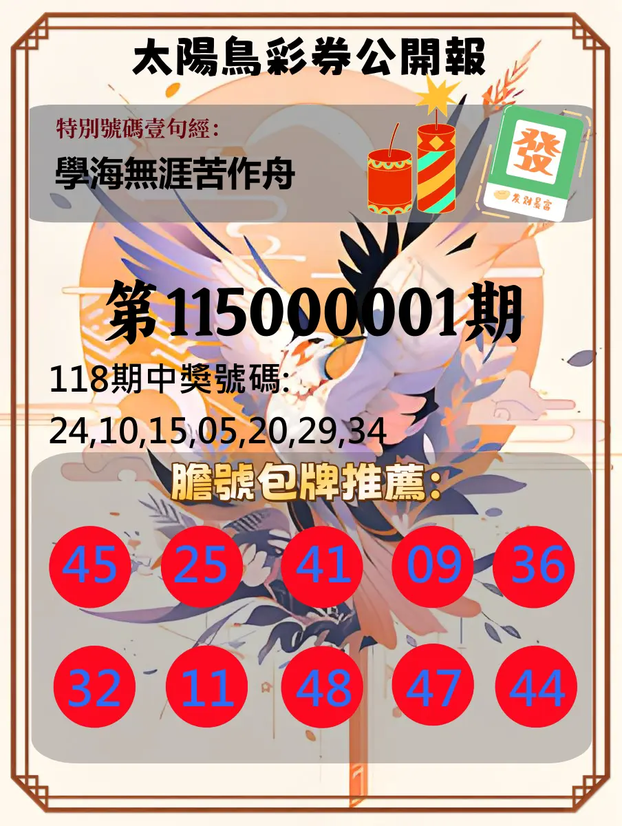 大樂透第115000001期(01/02)太陽鳥彩券公開報