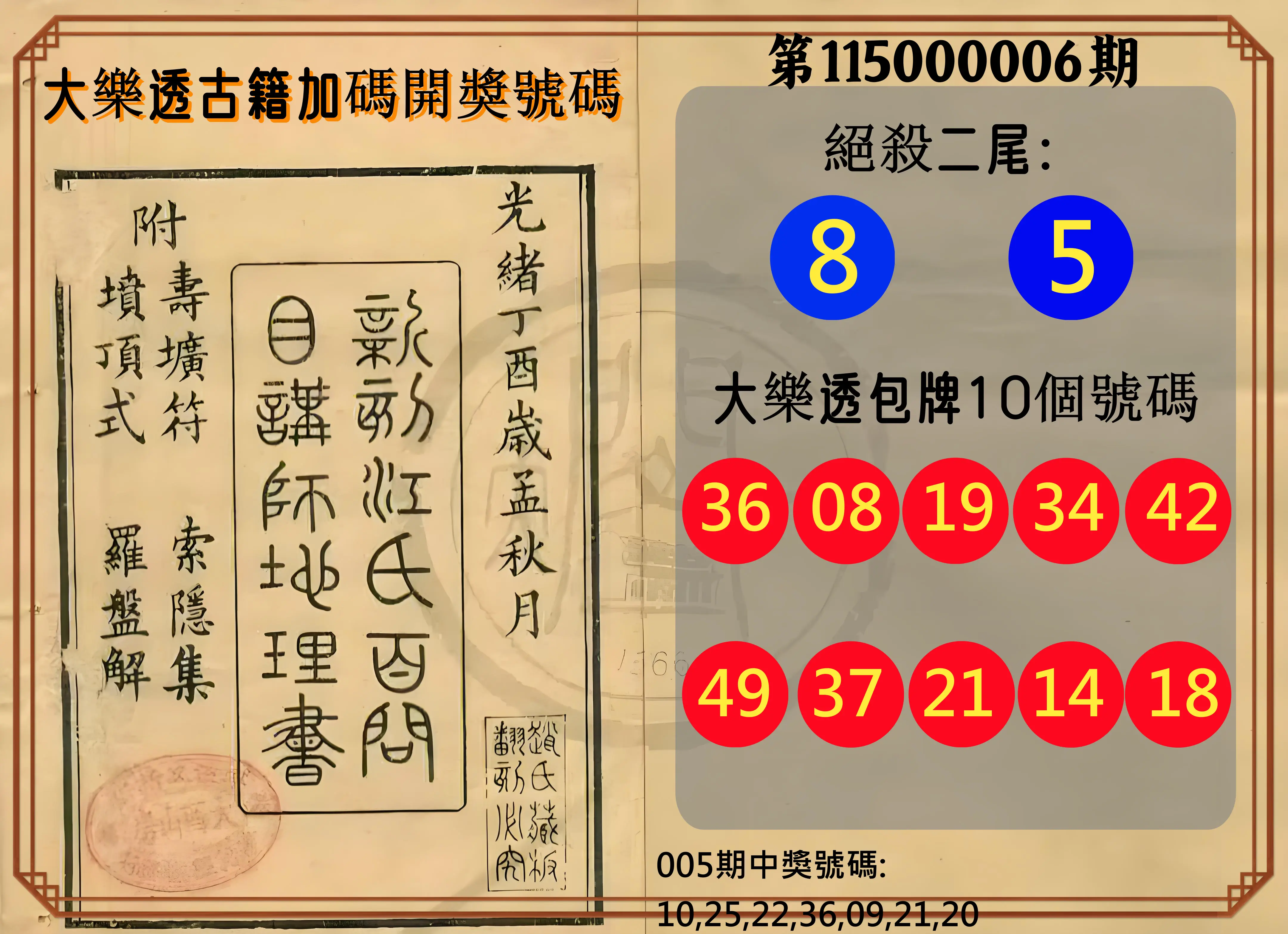 大樂透第115000006期(01/20)大樂透古籍加碼開獎號碼