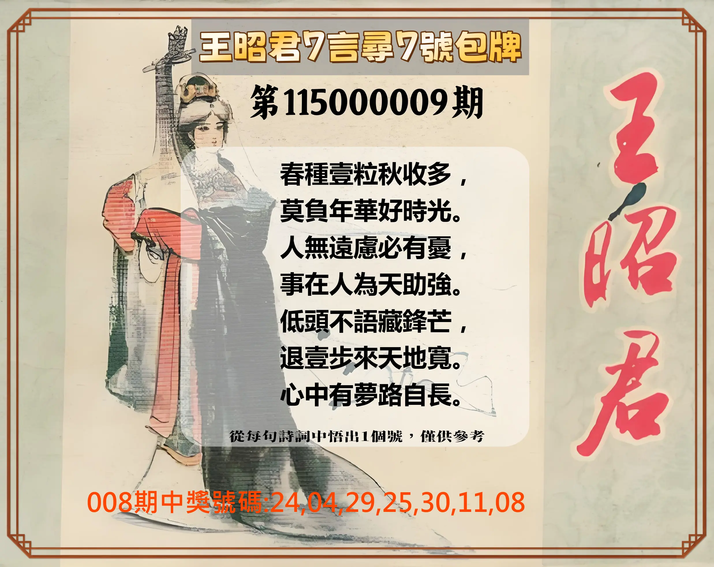 大樂透第115000009期(01/30)王昭君7言尋7號包牌