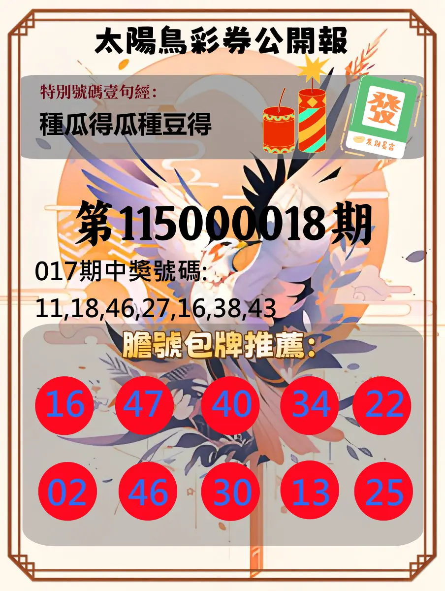 大樂透第115000018期(02/17)太陽鳥彩券公開報