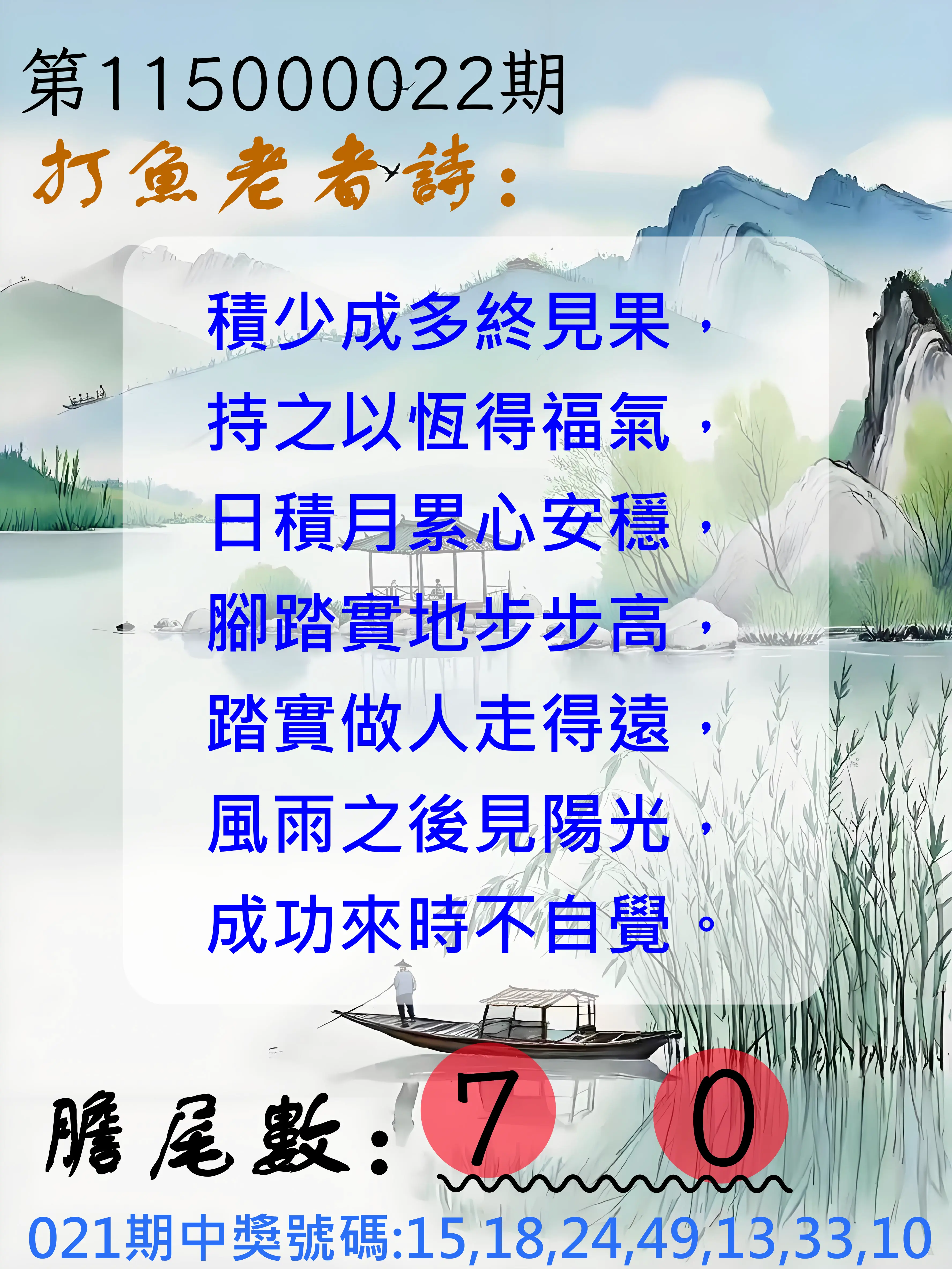 大樂透第115000022期(02/21)打魚老者詩