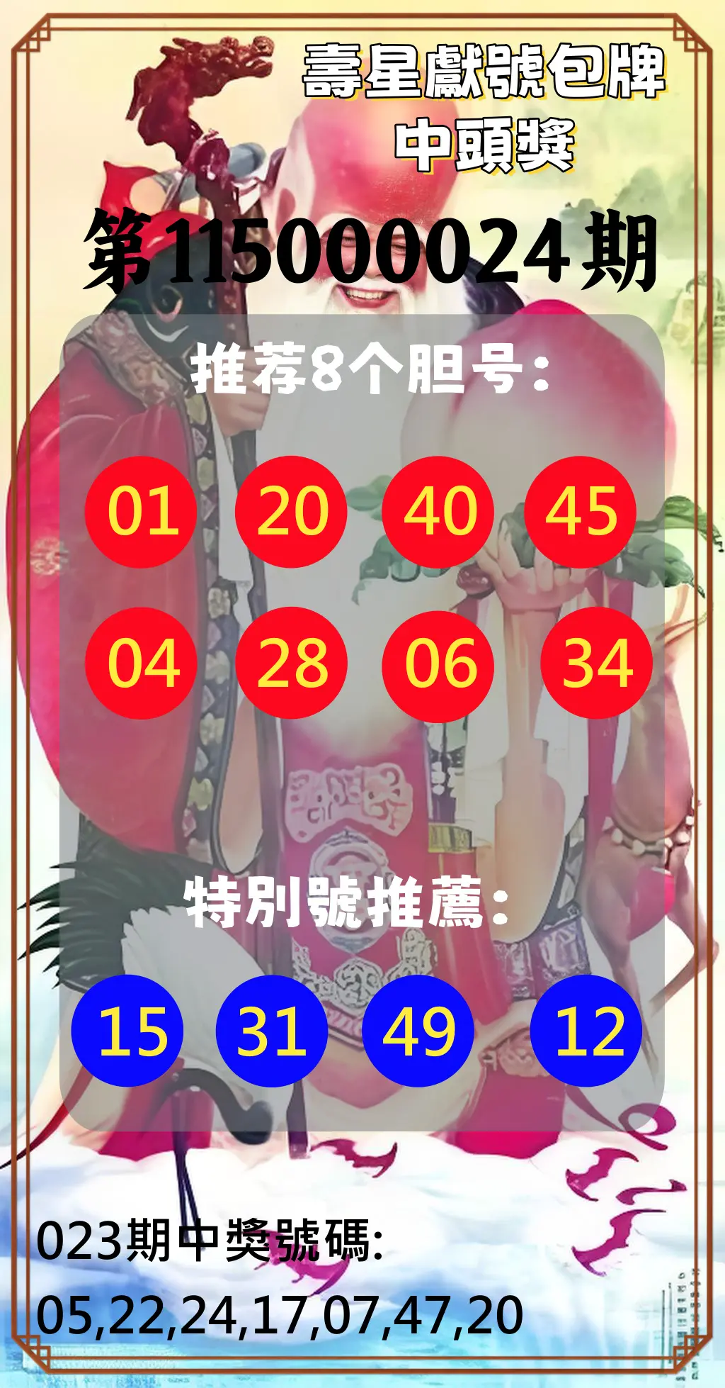 大樂透第115000024期(02/23)壽星獻號包牌中頭獎