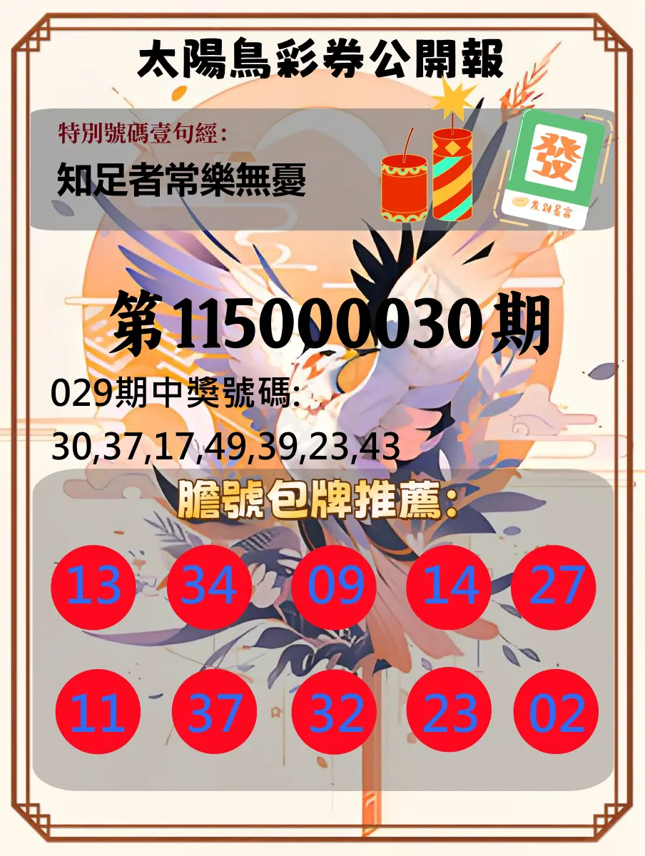 大樂透第115000030期(03/01)太陽鳥彩券公開報