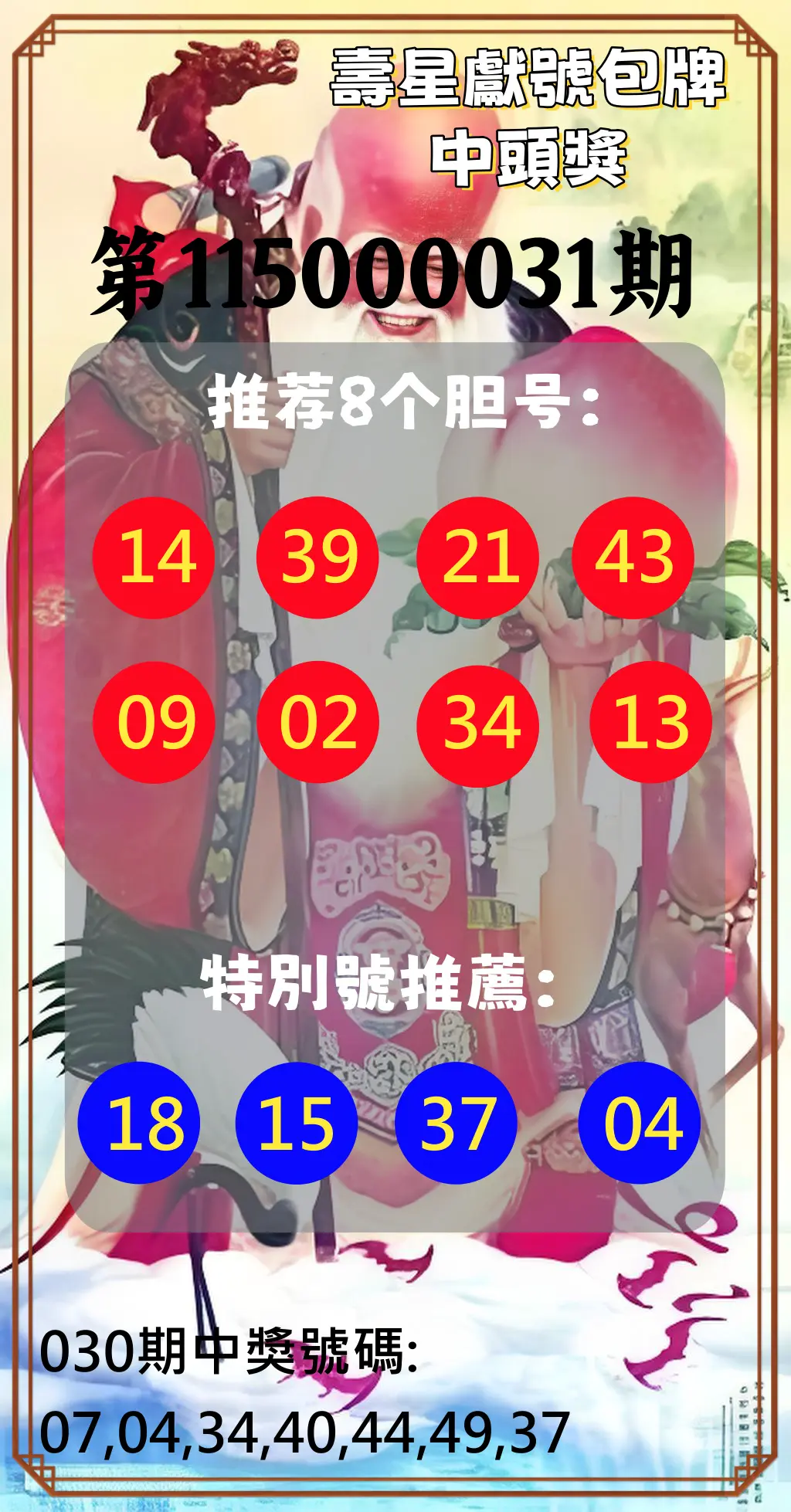 大樂透第115000031期(03/02)壽星獻號包牌中頭獎