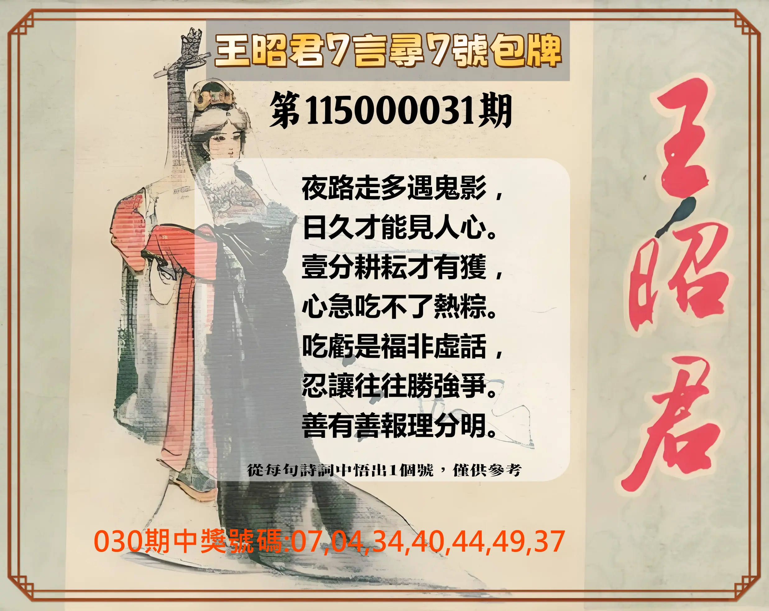 大樂透第115000031期(03/02)王昭君7言尋7號包牌
