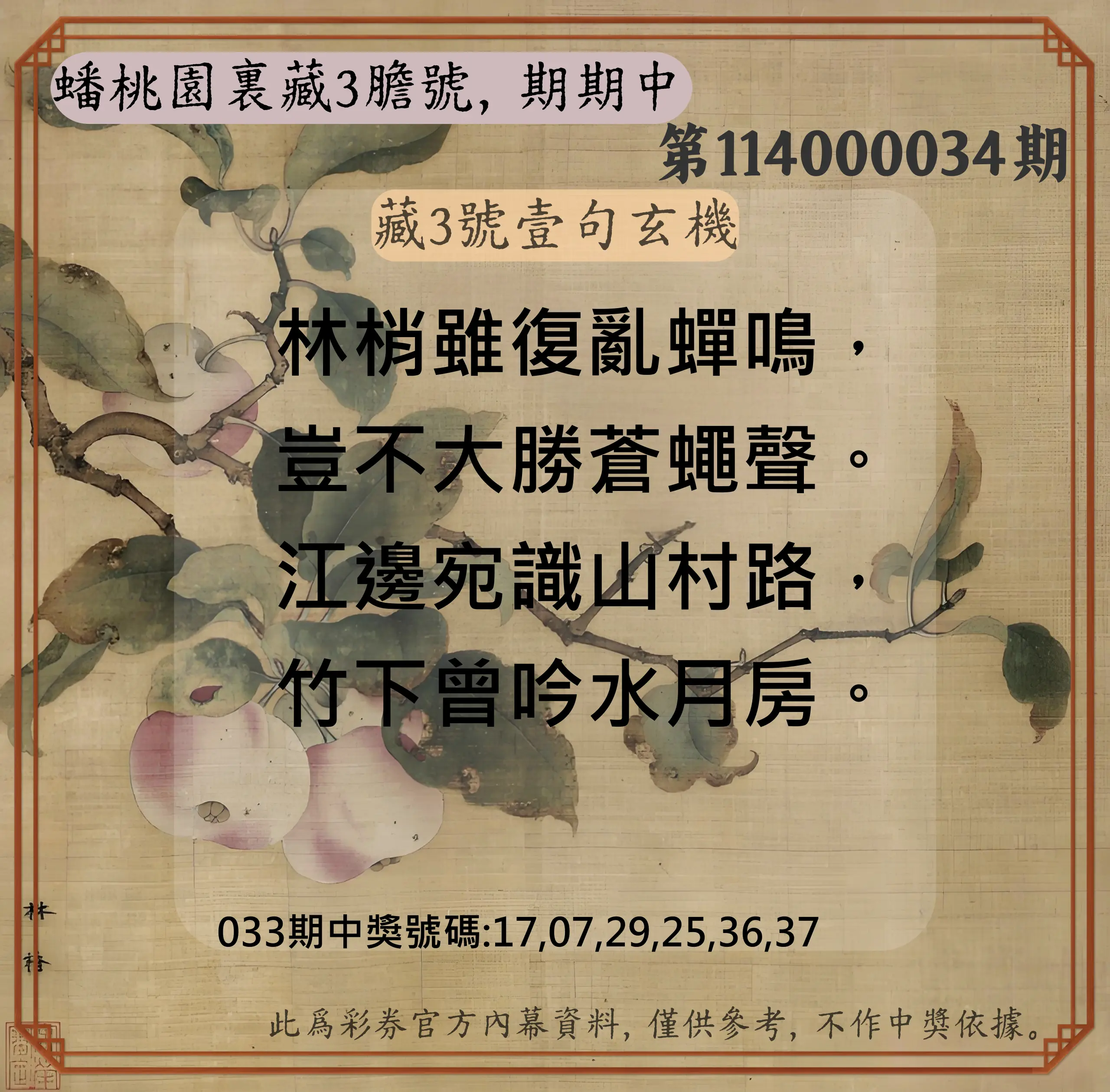 威力彩第114000034期蟠桃園裏藏3膽號，期期中