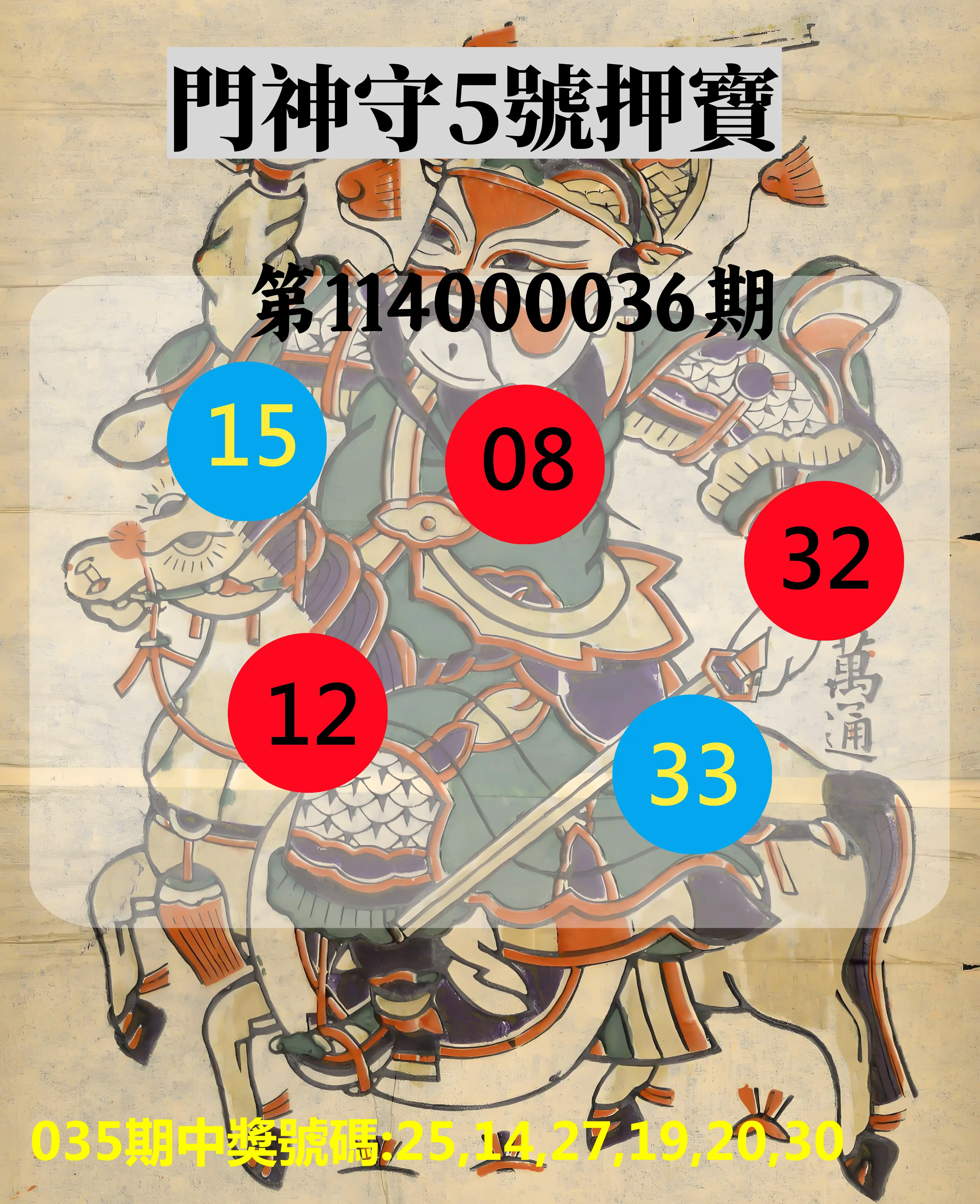 威力彩第114000036期門神守5號押寶