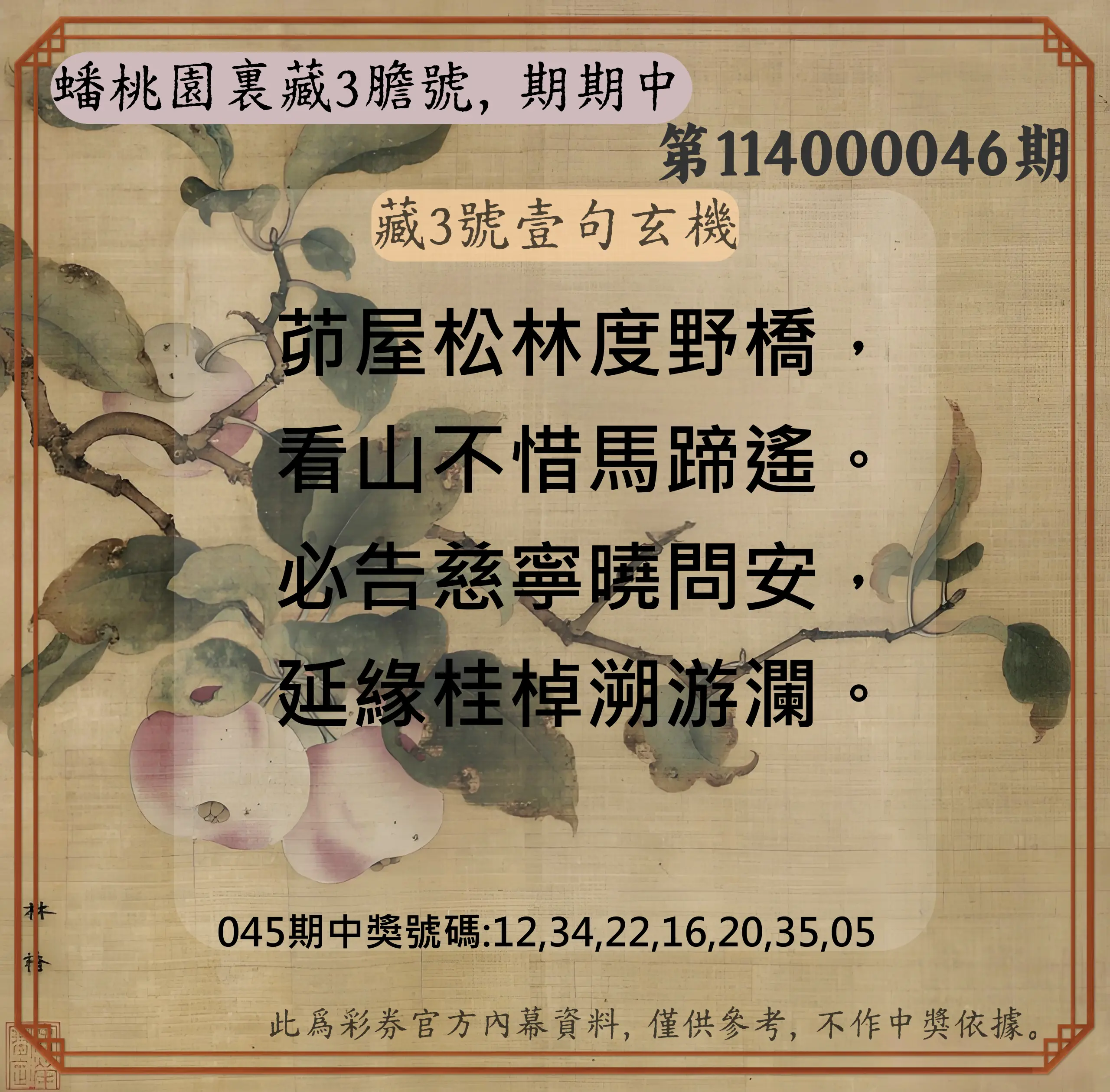 威力彩第114000046期蟠桃園裏藏3膽號，期期中