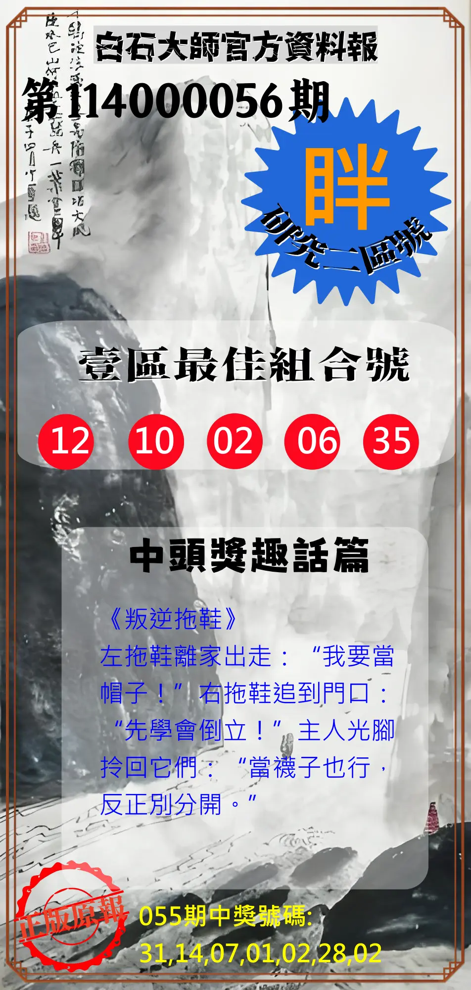 威力彩第114000056期(07/14)白石大師官方資料報