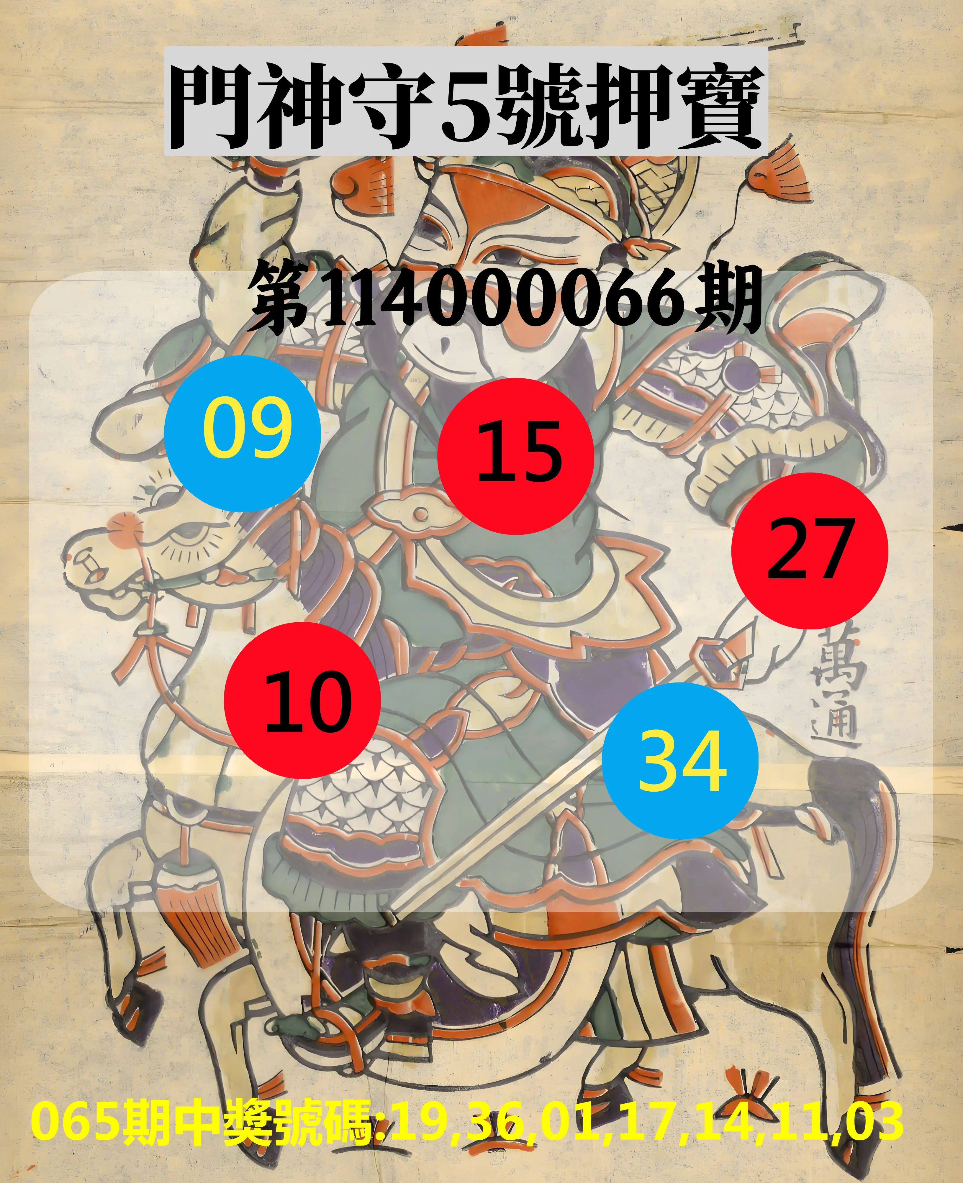 威力彩第114000066期(08/18)門神守5號押寶