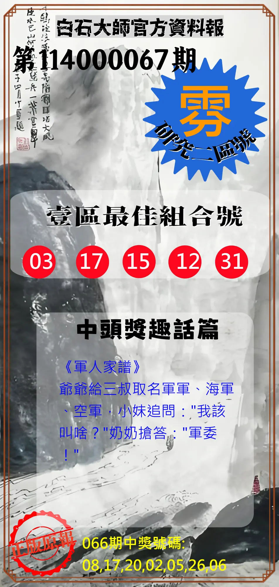 威力彩第114000067期(08/21)白石大師官方資料報