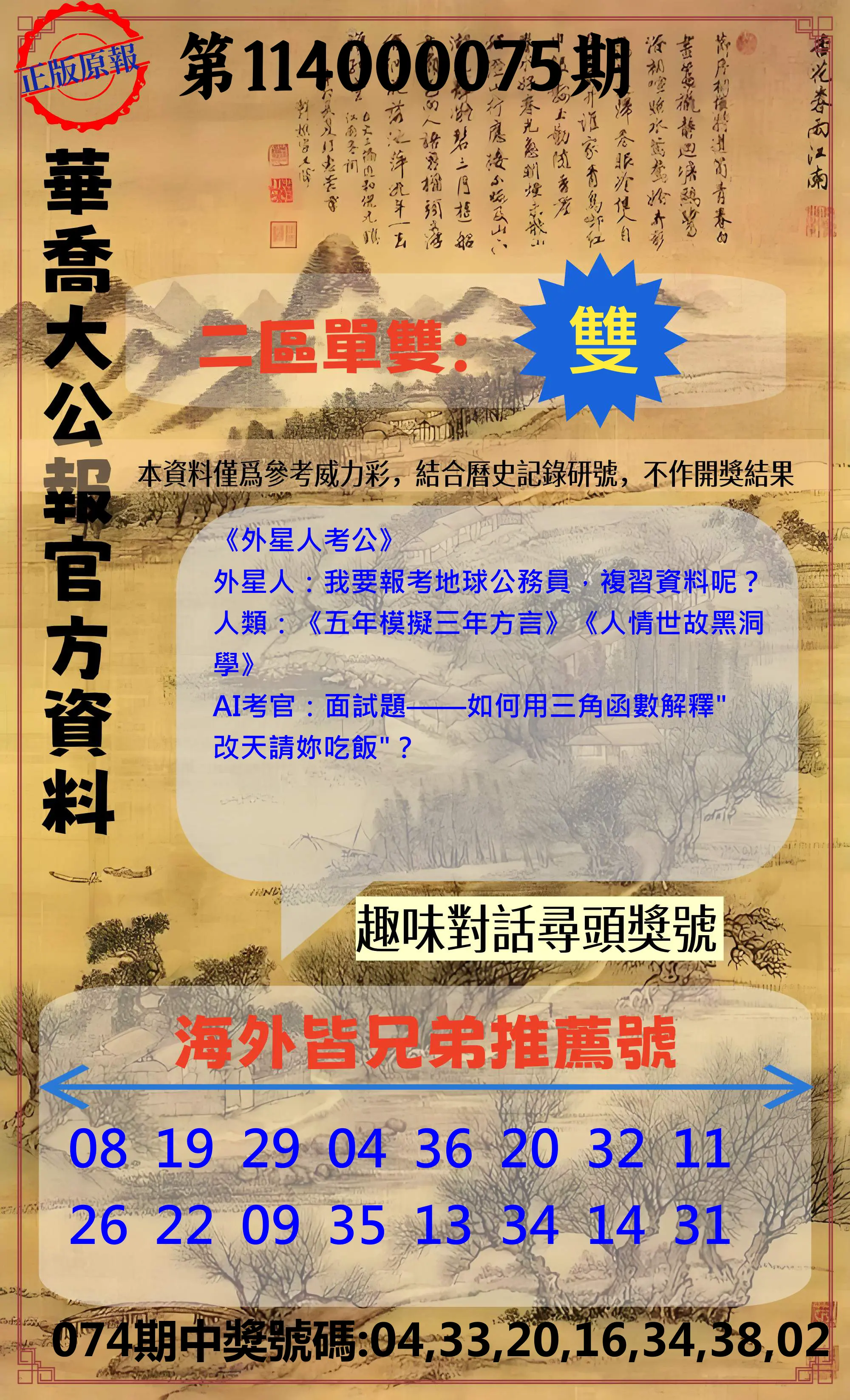 威力彩第114000075期(09/18)華喬大公報官方資料