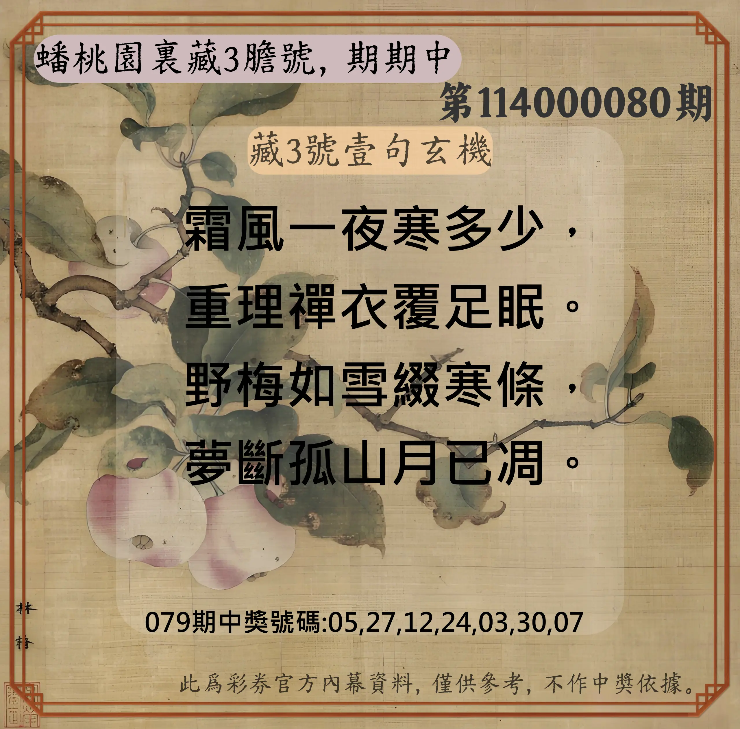 威力彩第114000080期(10/06)蟠桃園裏藏3膽號，期期中