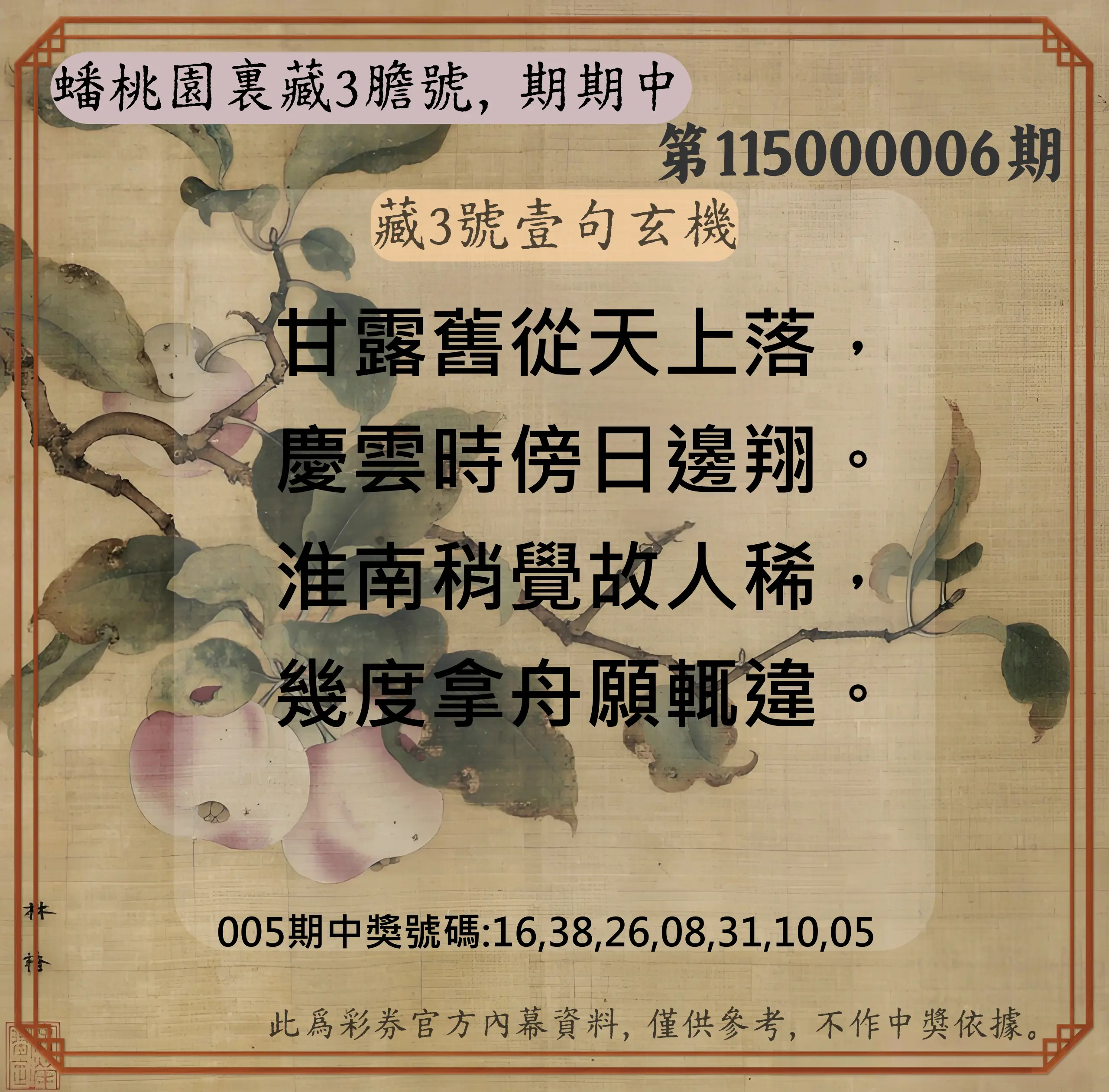 威力彩第115000006期(01/19)蟠桃園裏藏3膽號，期期中