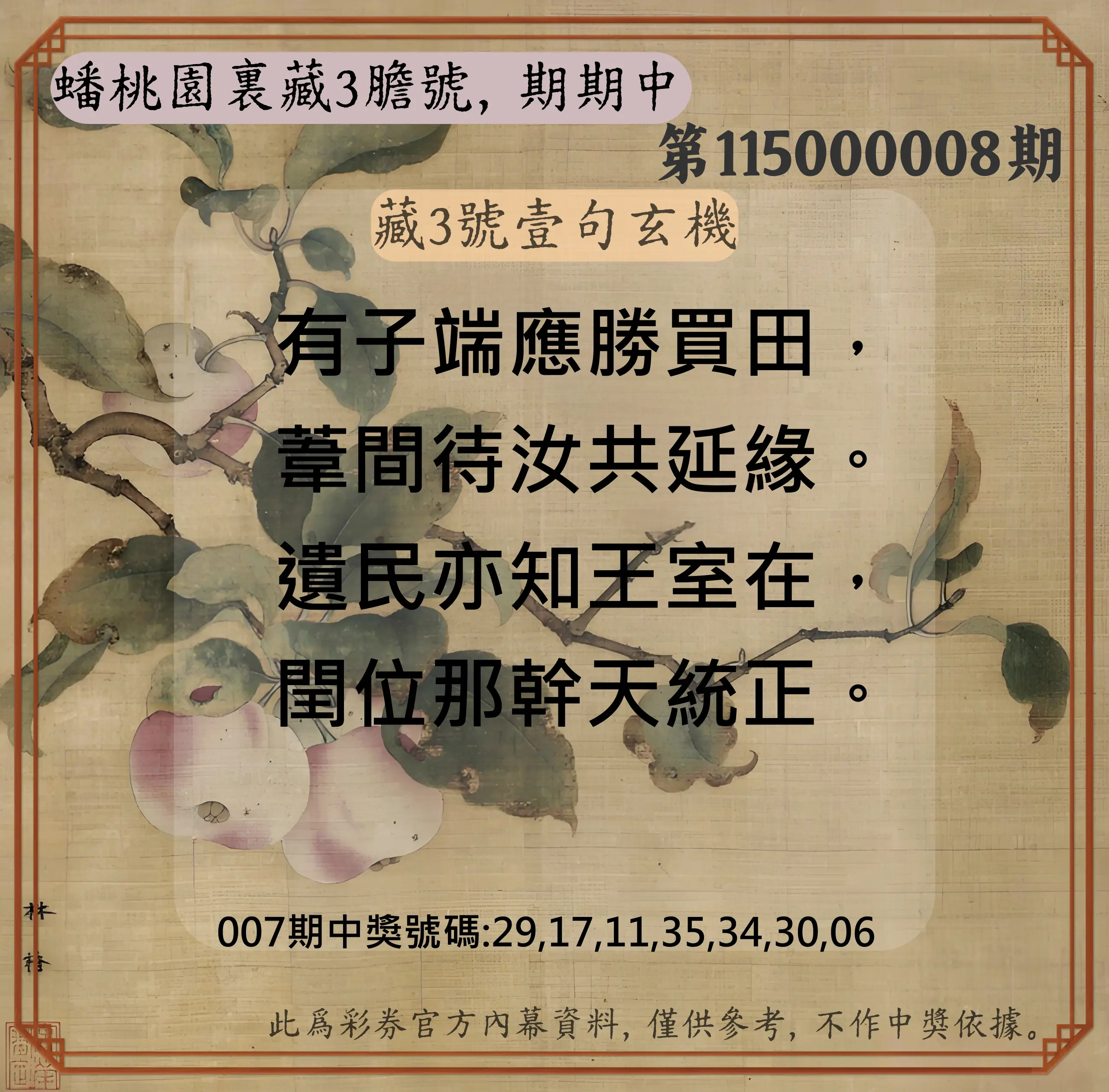 威力彩第115000008期(01/26)蟠桃園裏藏3膽號，期期中