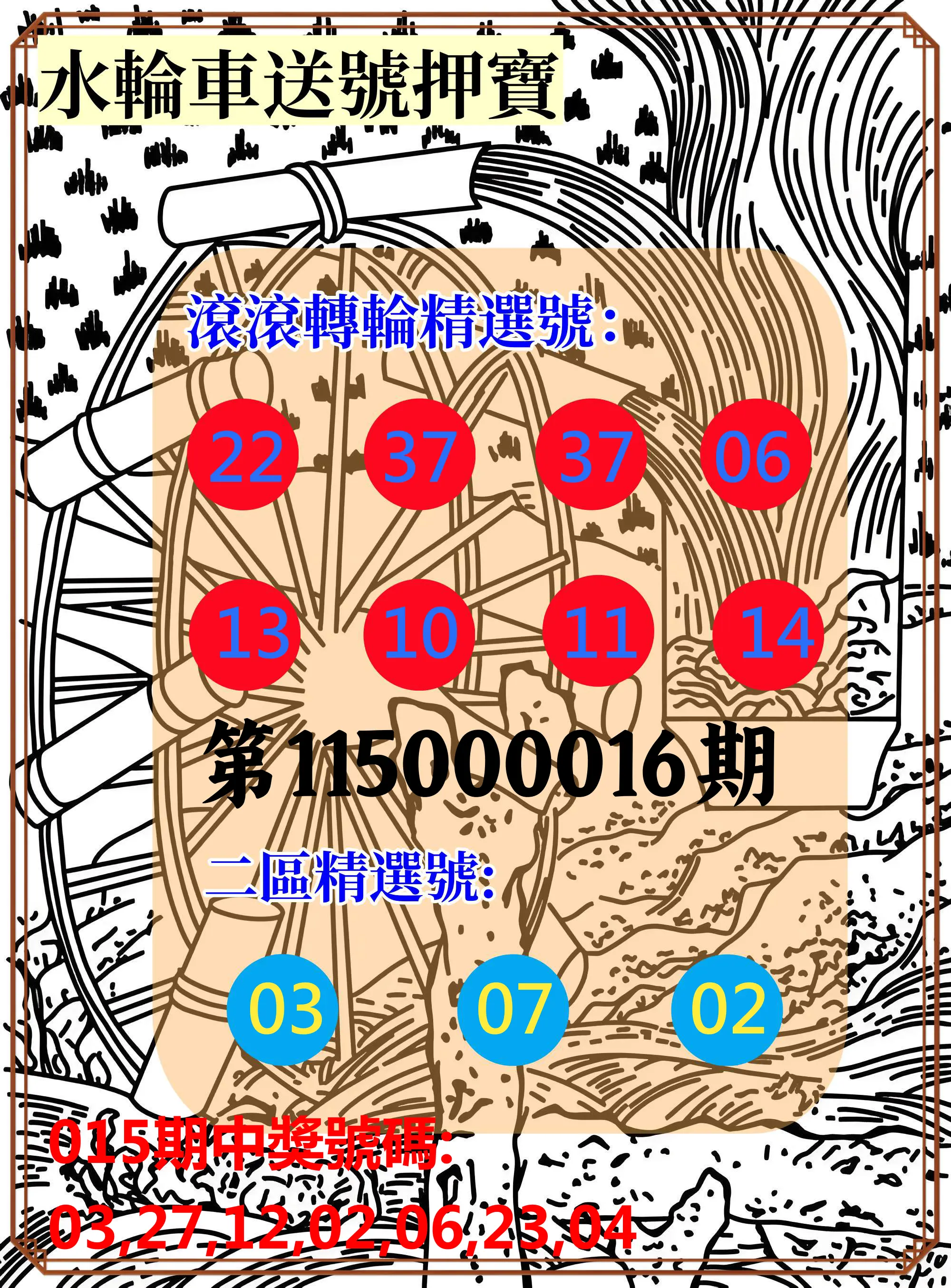 威力彩第115000016期(02/23)水輪車送號押寶