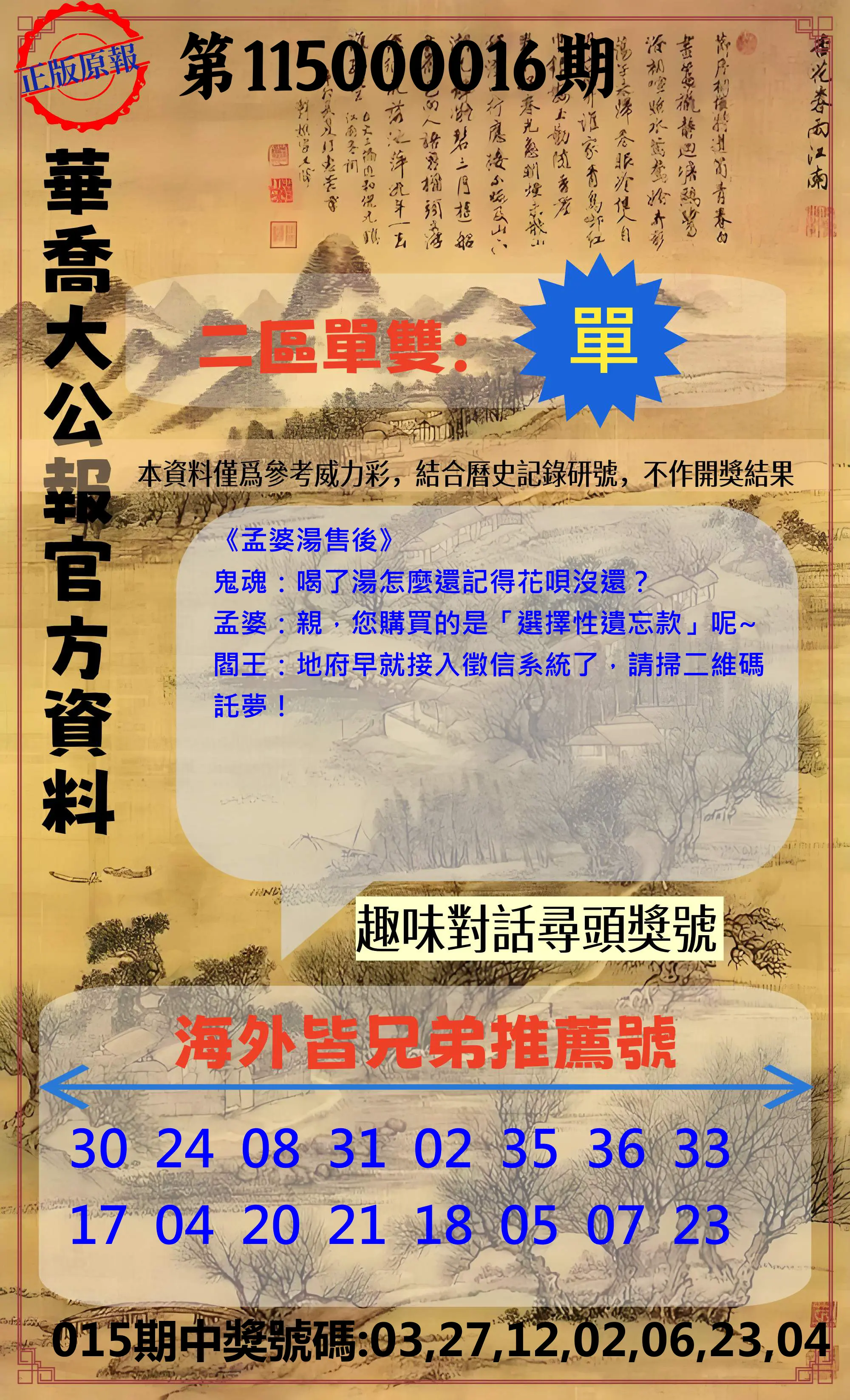 威力彩第115000016期(02/23)華喬大公報官方資料