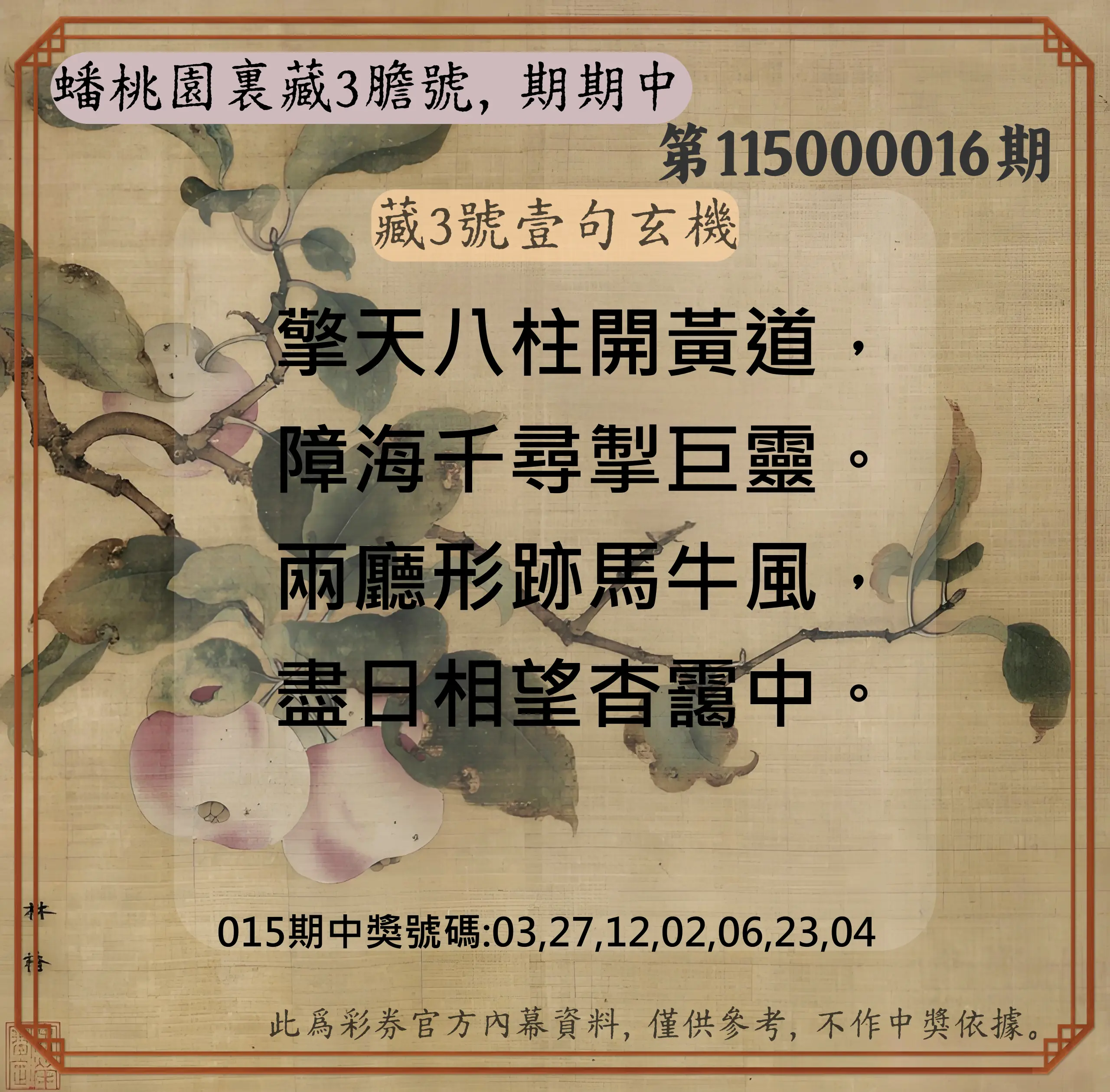 威力彩第115000016期(02/23)蟠桃園裏藏3膽號，期期中