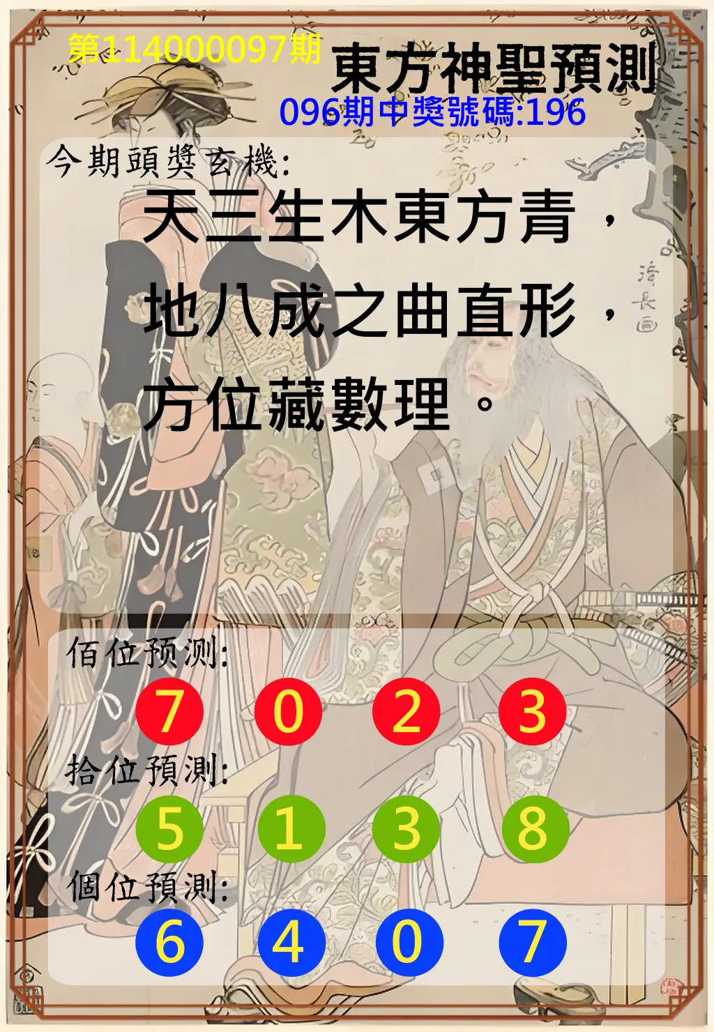 3星彩第114000097期東方神聖預測