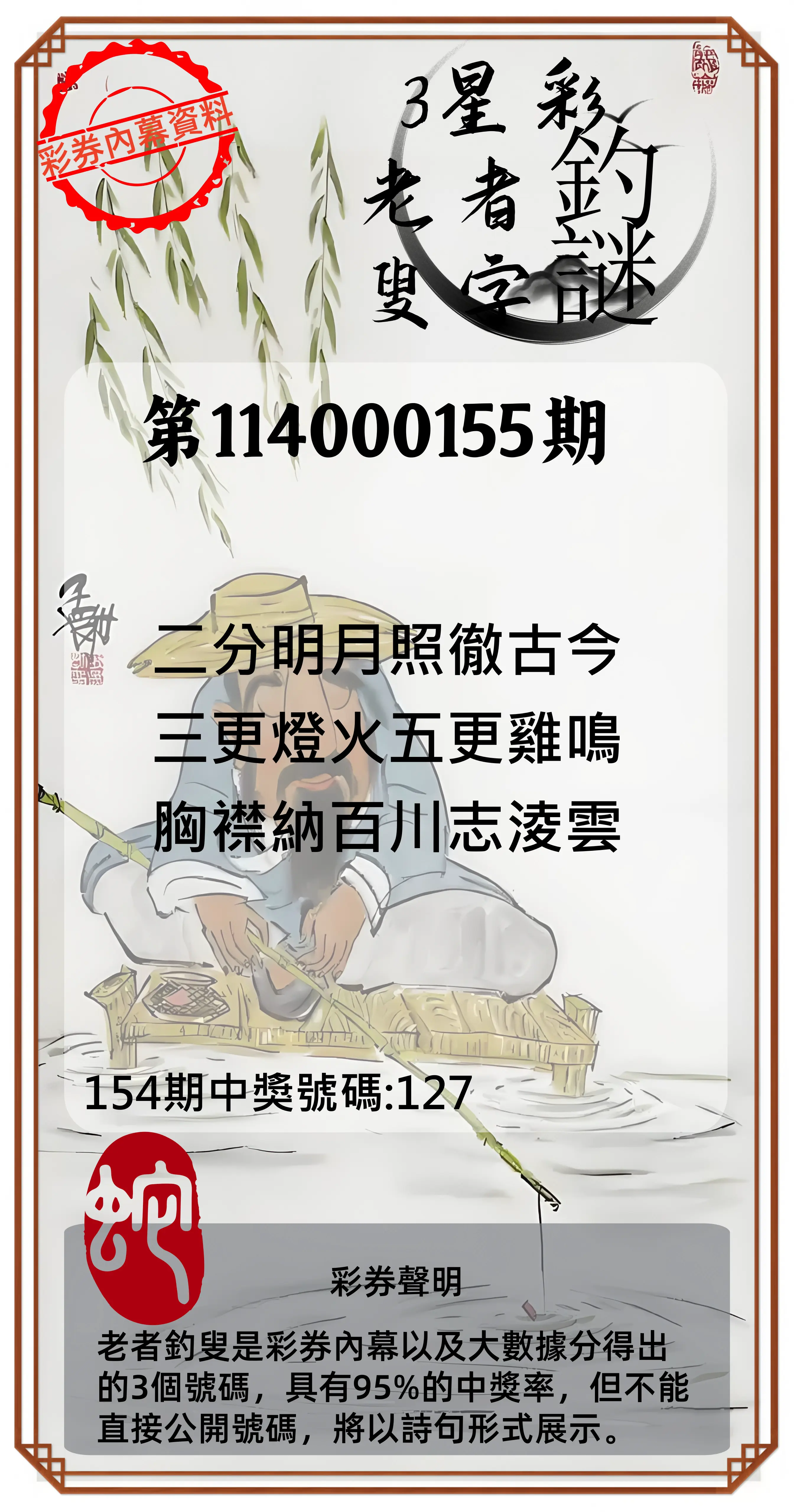 3星彩第114000155期老者釣叟頭獎