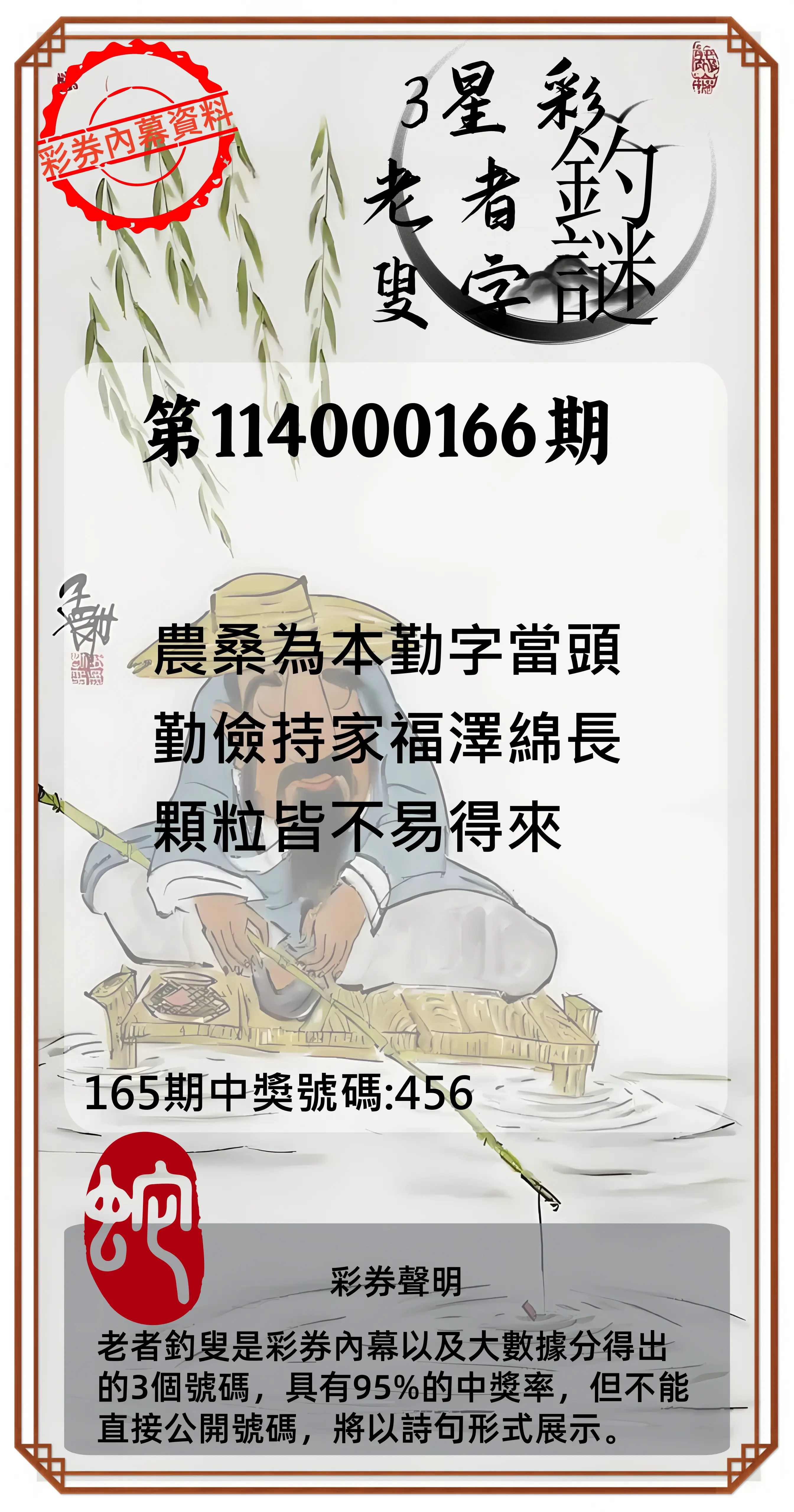 3星彩第114000166期(07/09)老者釣叟頭獎