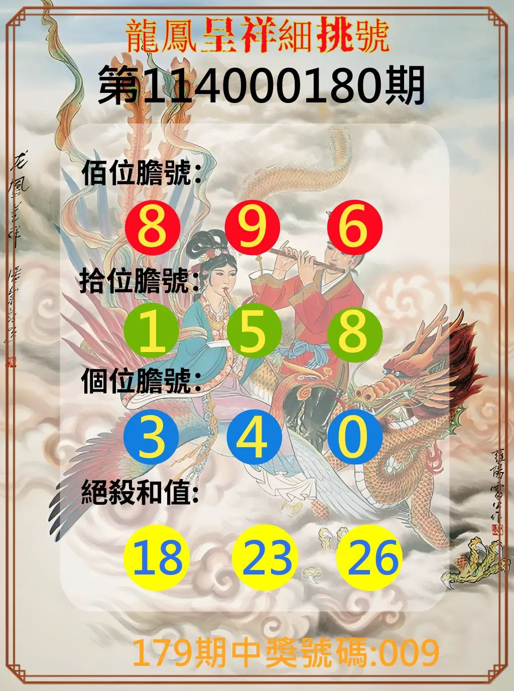 3星彩第114000180期(07/25)龍鳳呈祥細挑號
