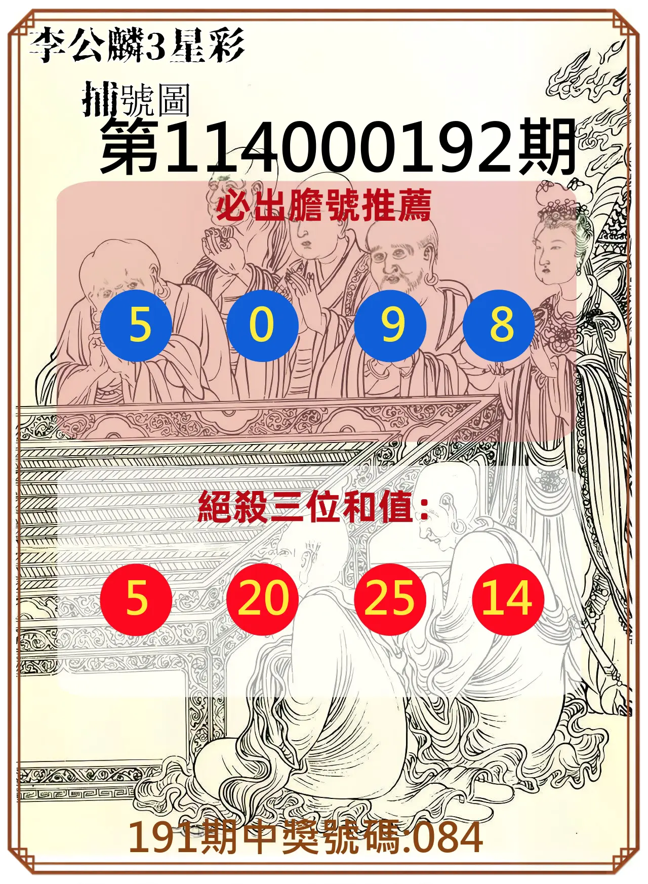 3星彩第114000192期(08/08)李公麟3星彩捕號圖