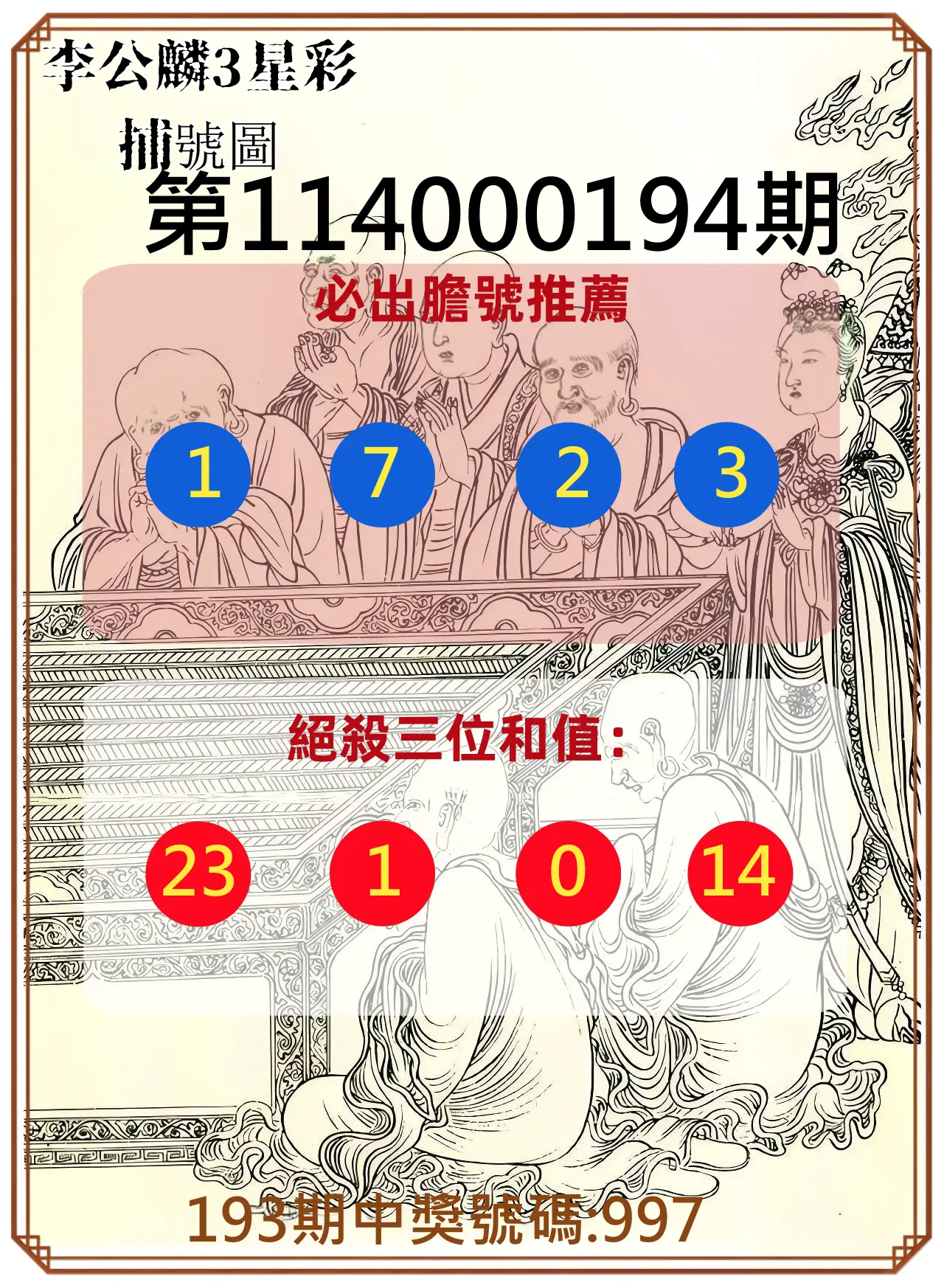 3星彩第114000194期(08/11)李公麟3星彩捕號圖