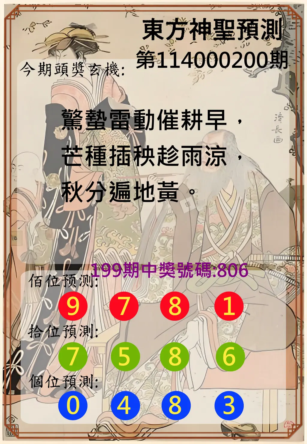 3星彩第114000200期(08/18)東方神聖預測