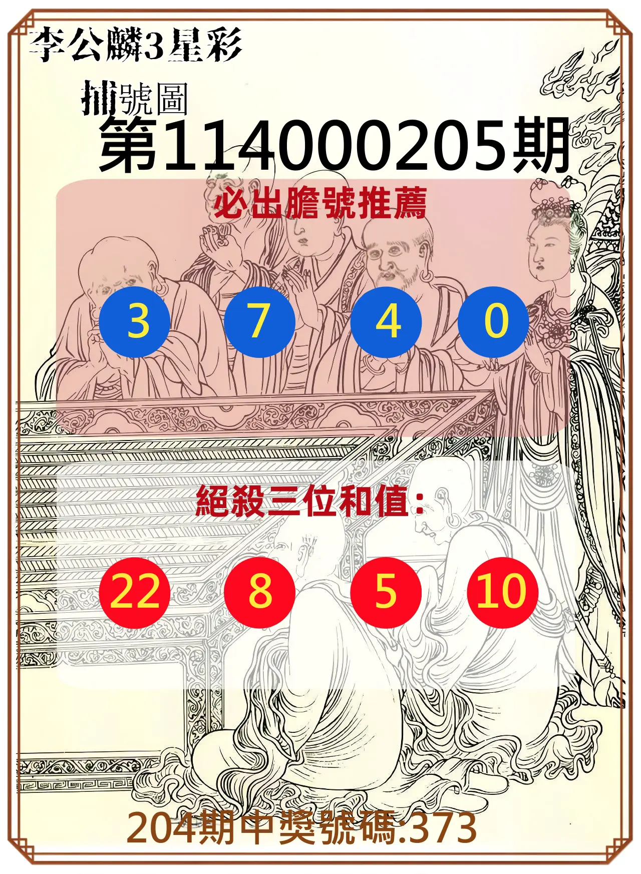 3星彩第114000205期(08/23)李公麟3星彩捕號圖