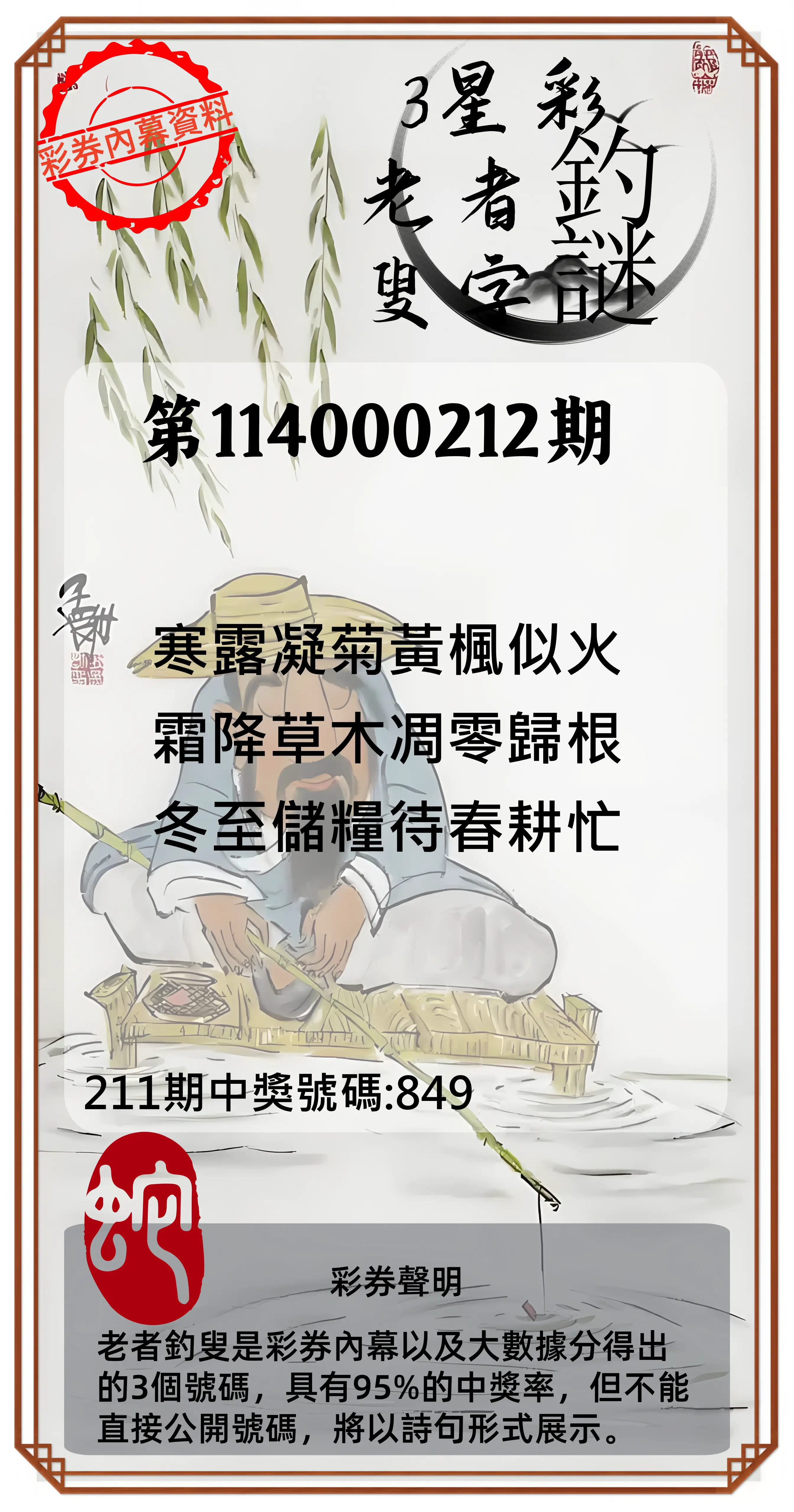 3星彩第114000212期(09/01)老者釣叟頭獎