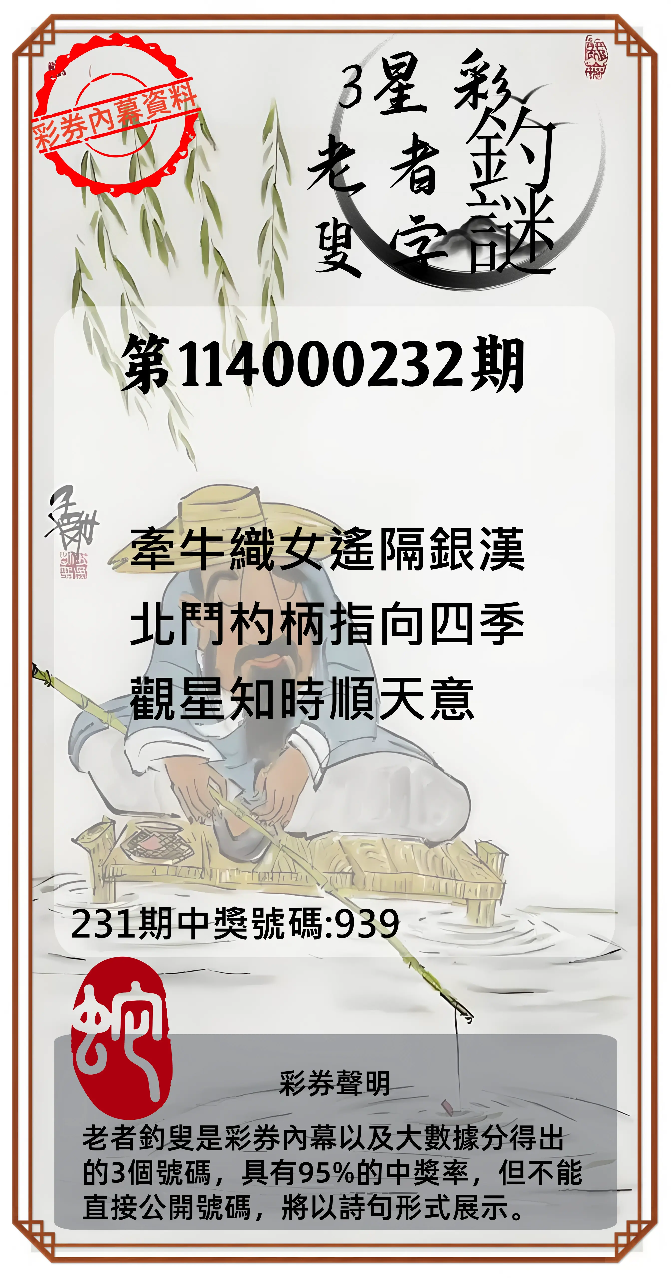 3星彩第114000232期(09/24)老者釣叟頭獎