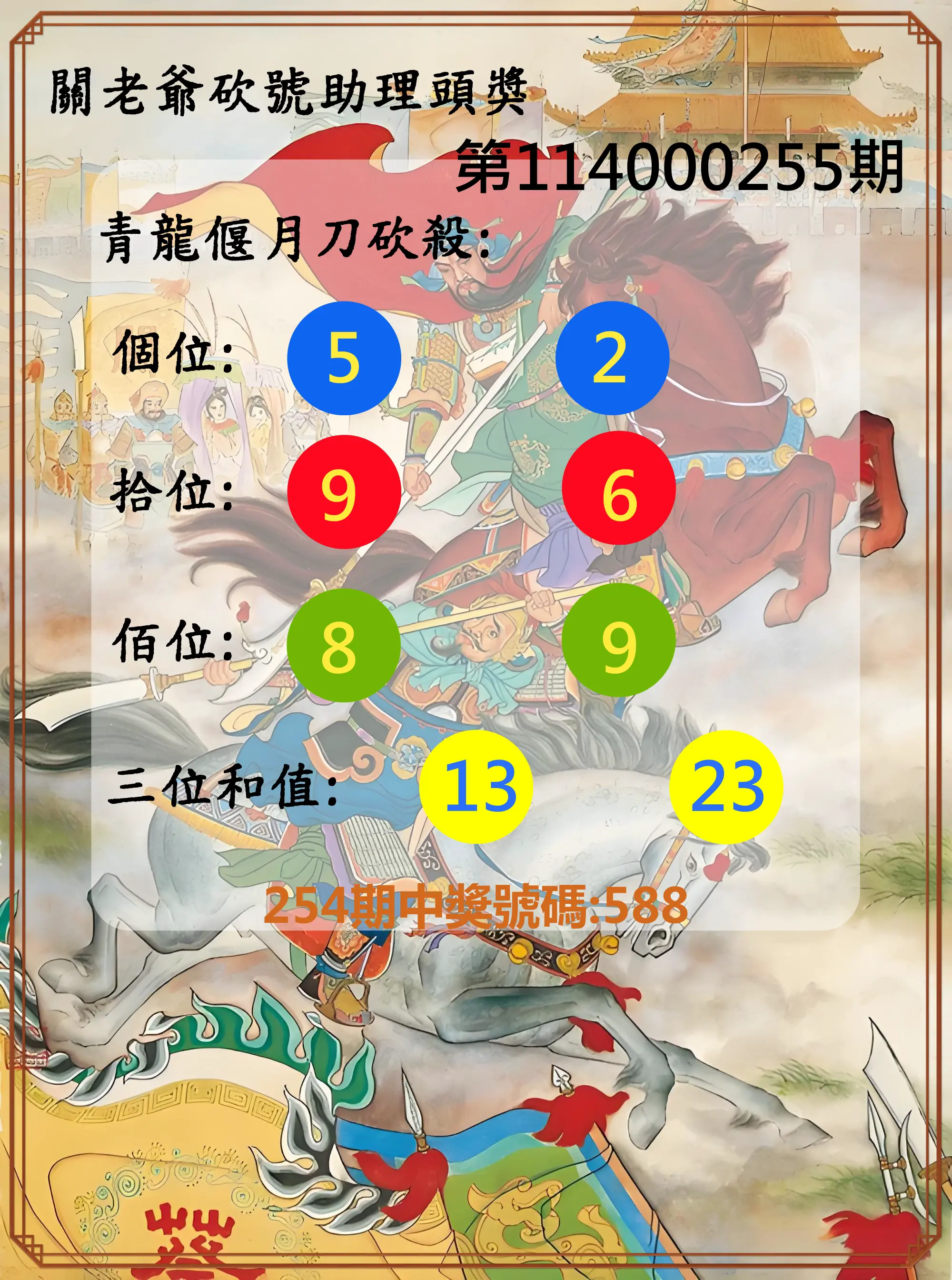 3星彩第114000255期(10/21)關老爺砍號助理頭獎