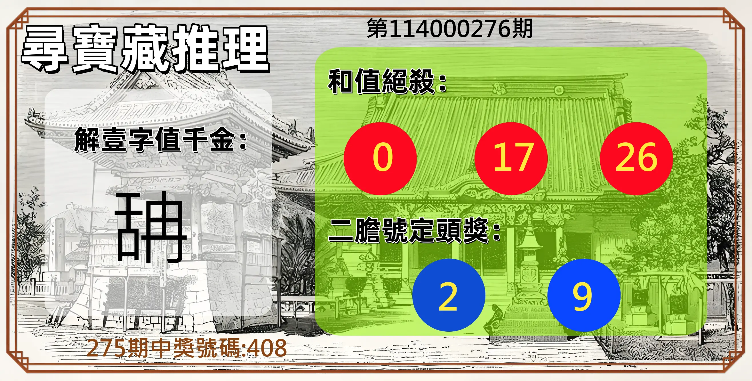 3星彩第114000276期(11/14)尋寶藏推理