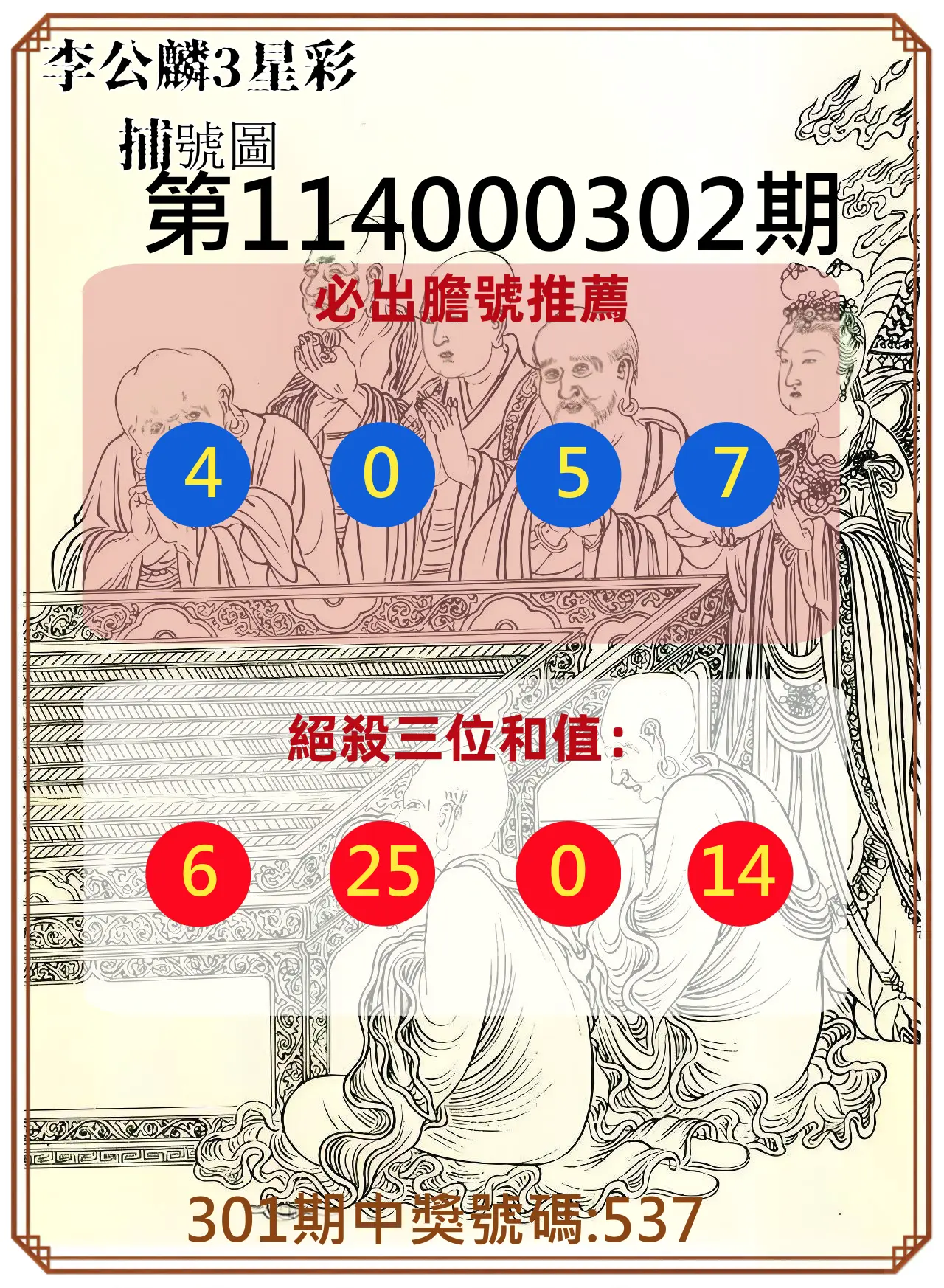 3星彩第114000302期(12/15)李公麟3星彩捕號圖