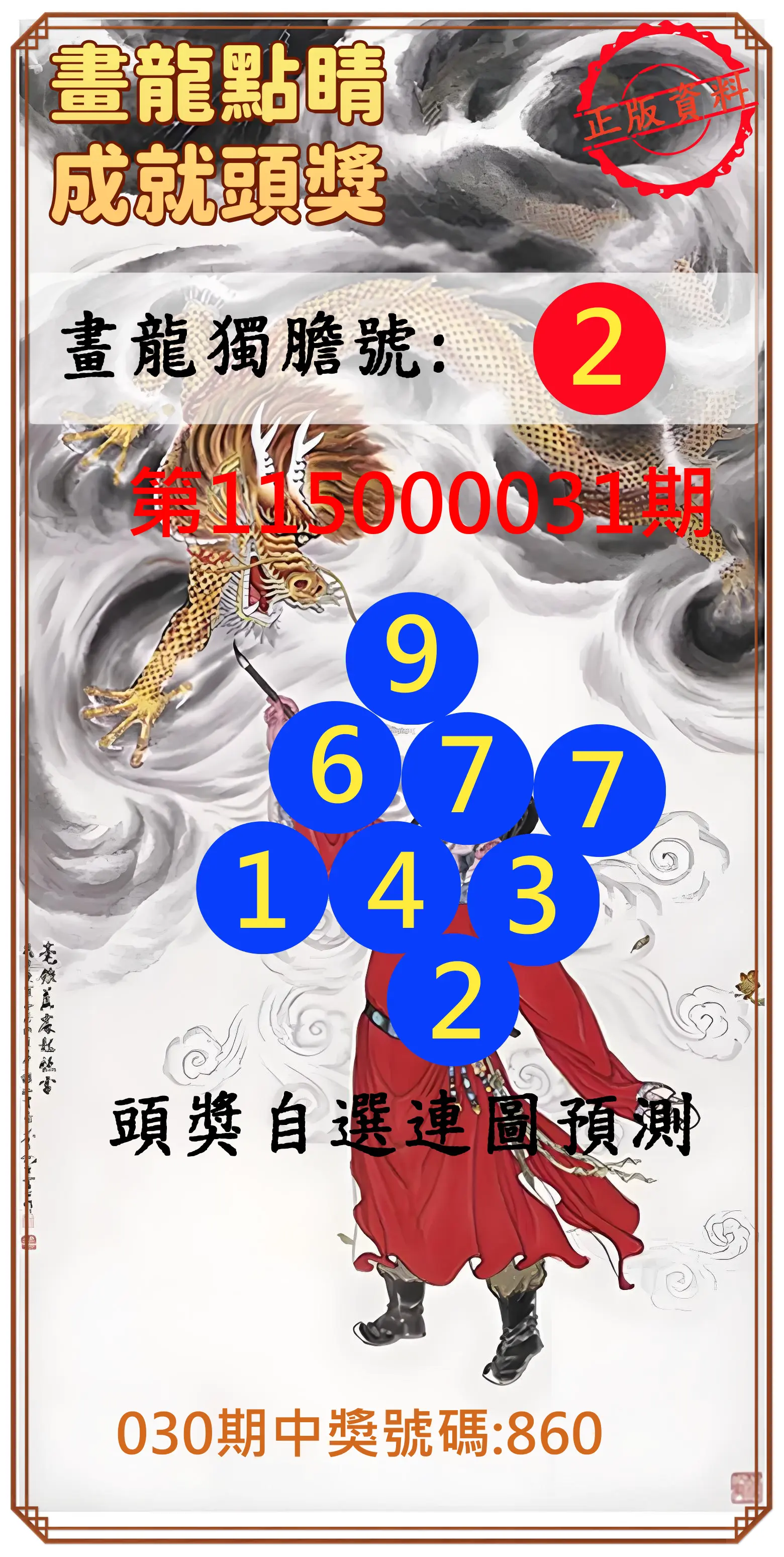 3星彩第115000031期(02/06)畫龍點睛成就頭獎