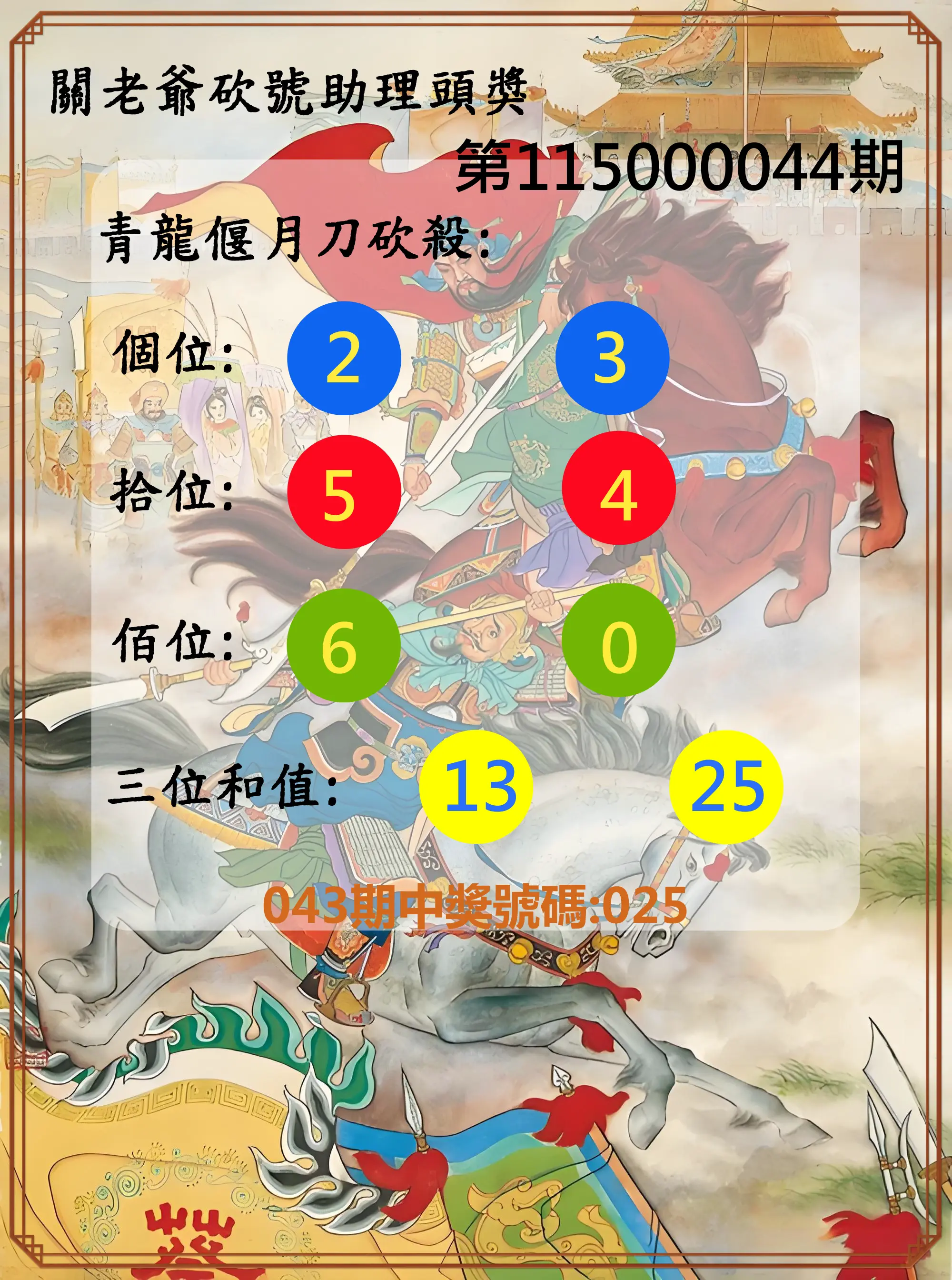 3星彩第115000044期(02/19)關老爺砍號助理頭獎