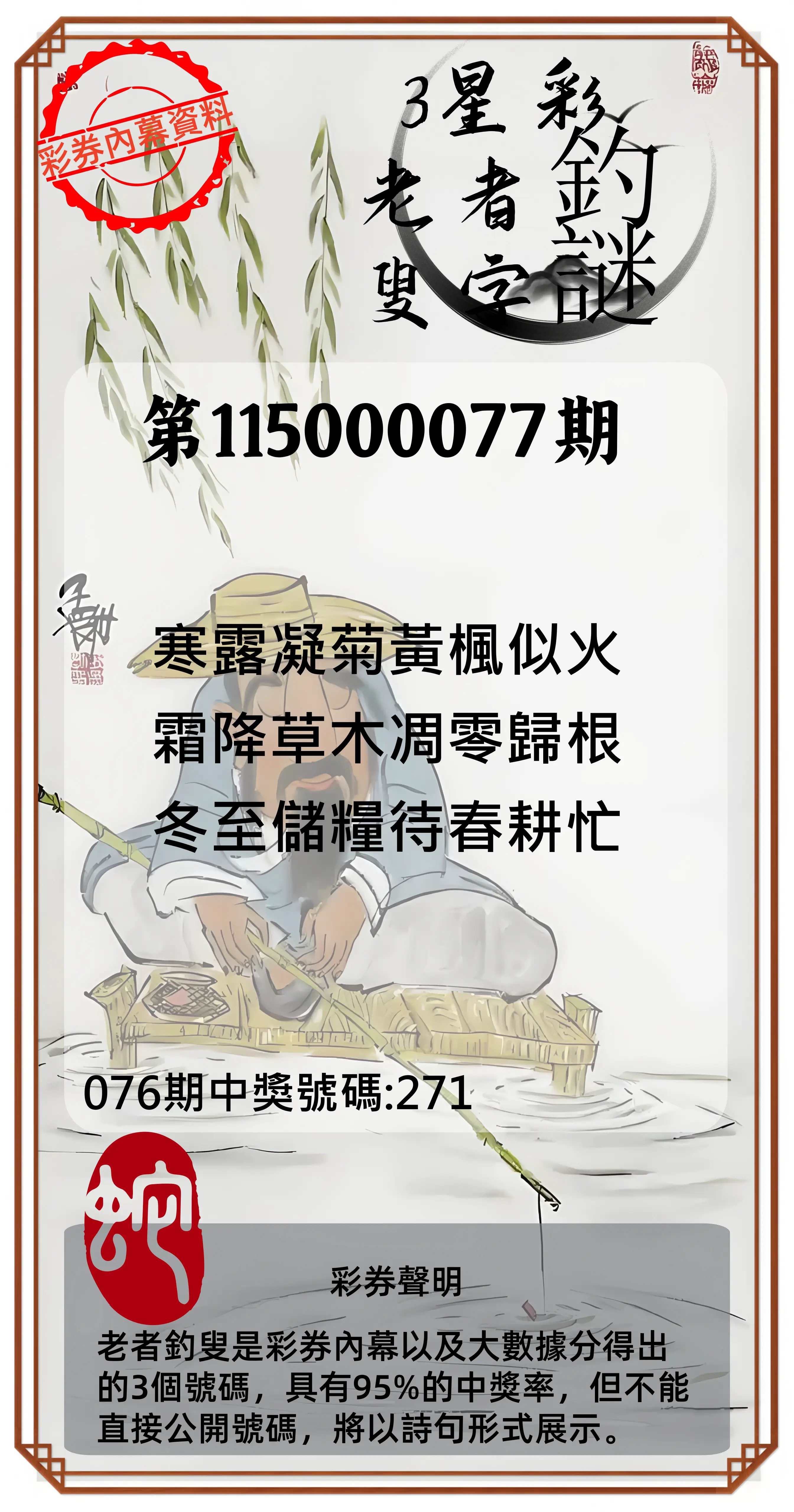3星彩第115000077期(03/27)老者釣叟頭獎