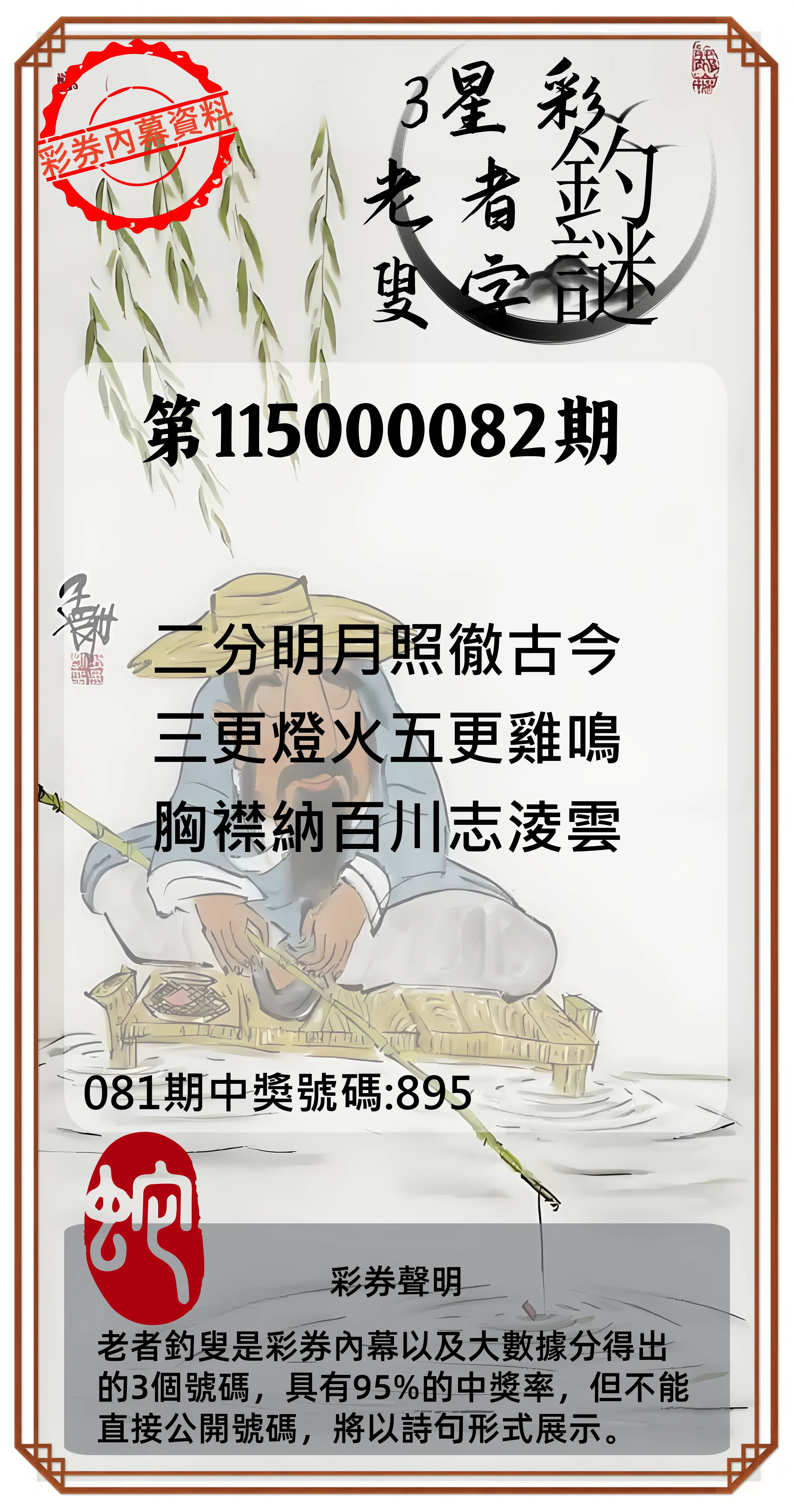 3星彩第115000082期(04/02)老者釣叟頭獎