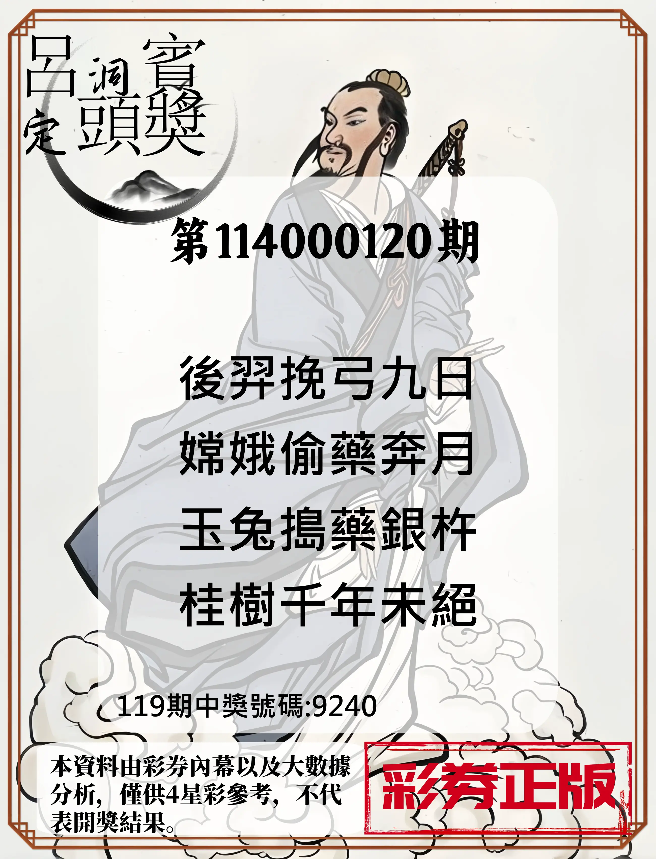 4星彩第114000120期呂洞賓4句定頭獎