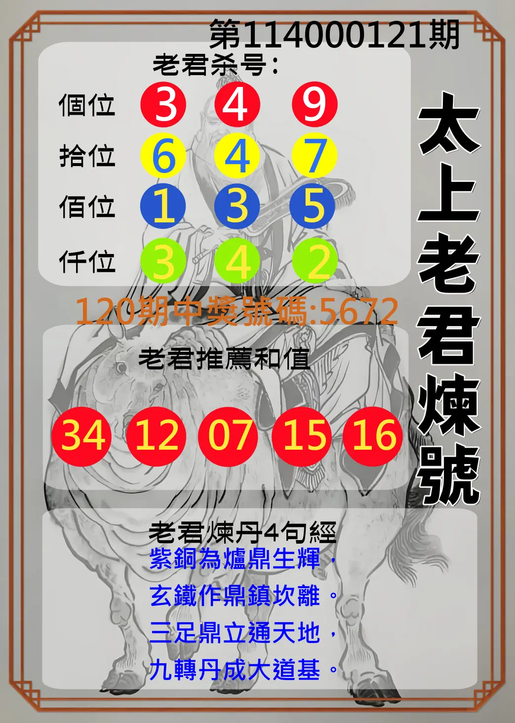 4星彩第114000121期太上老君煉號