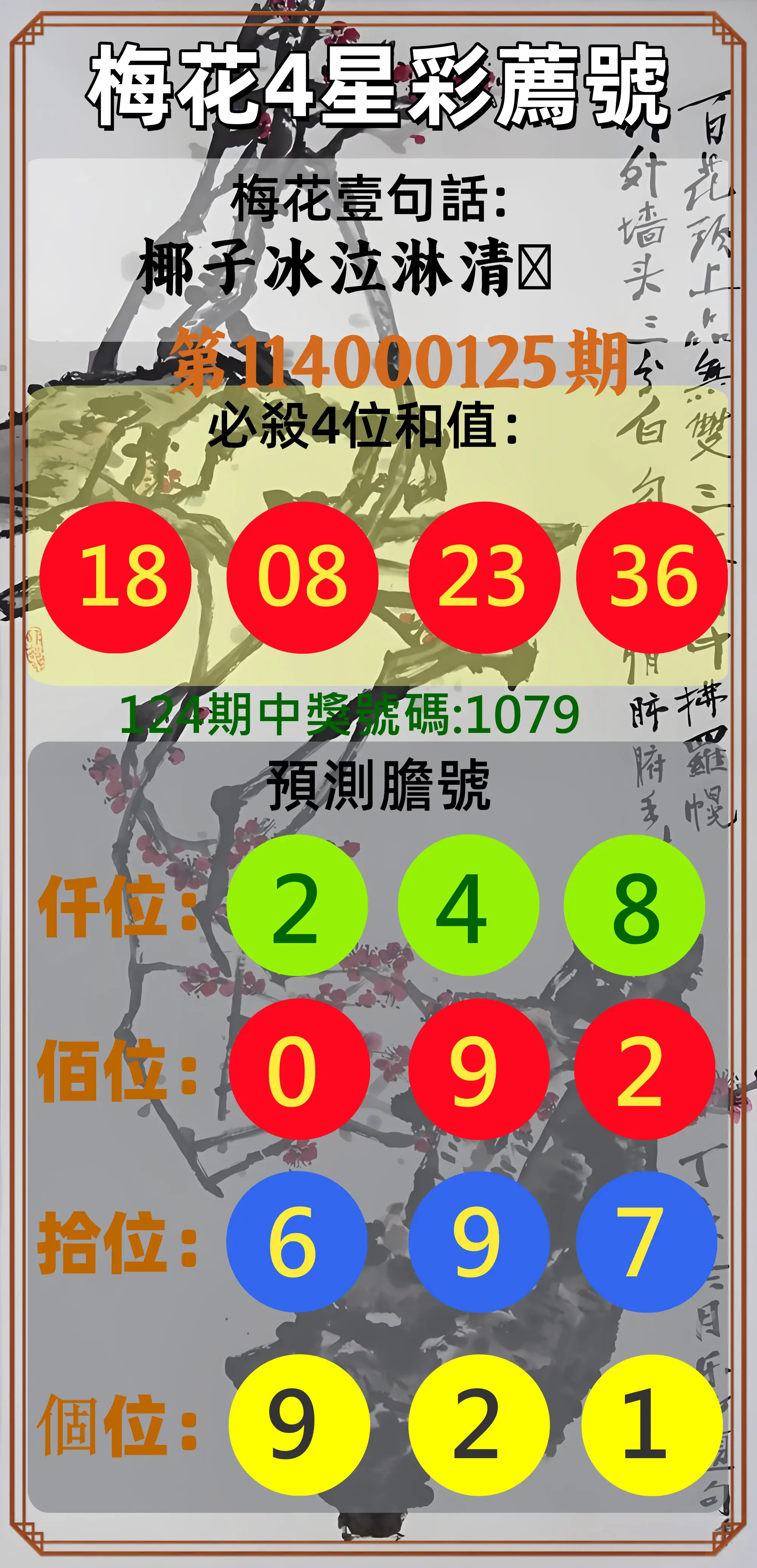 4星彩第114000125期梅花4星彩薦號