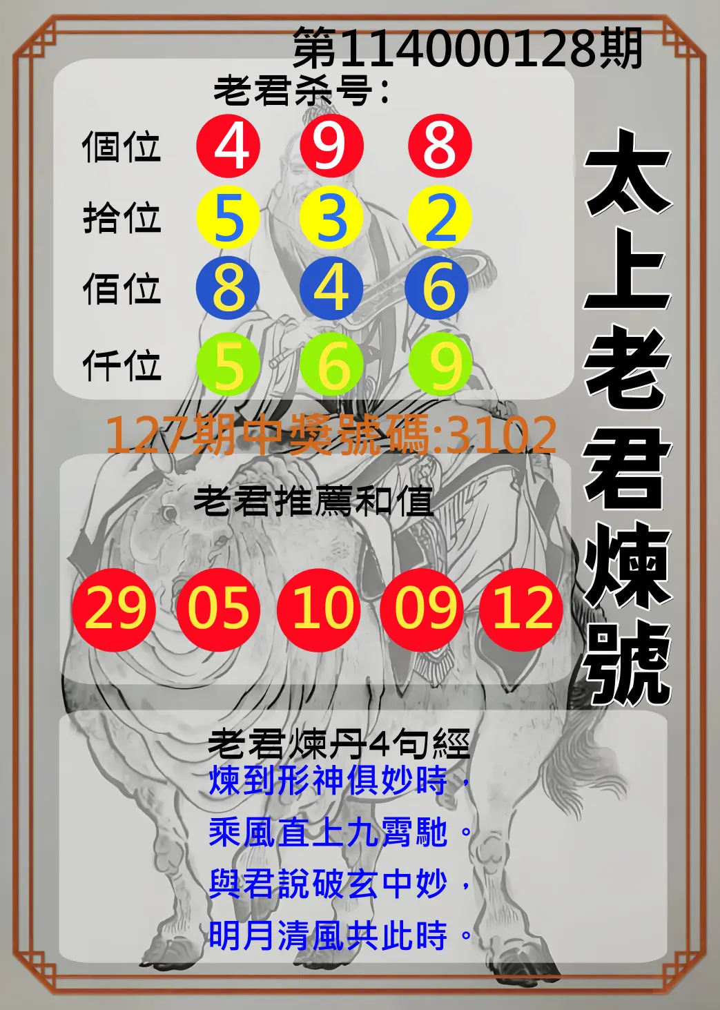 4星彩第114000128期太上老君煉號