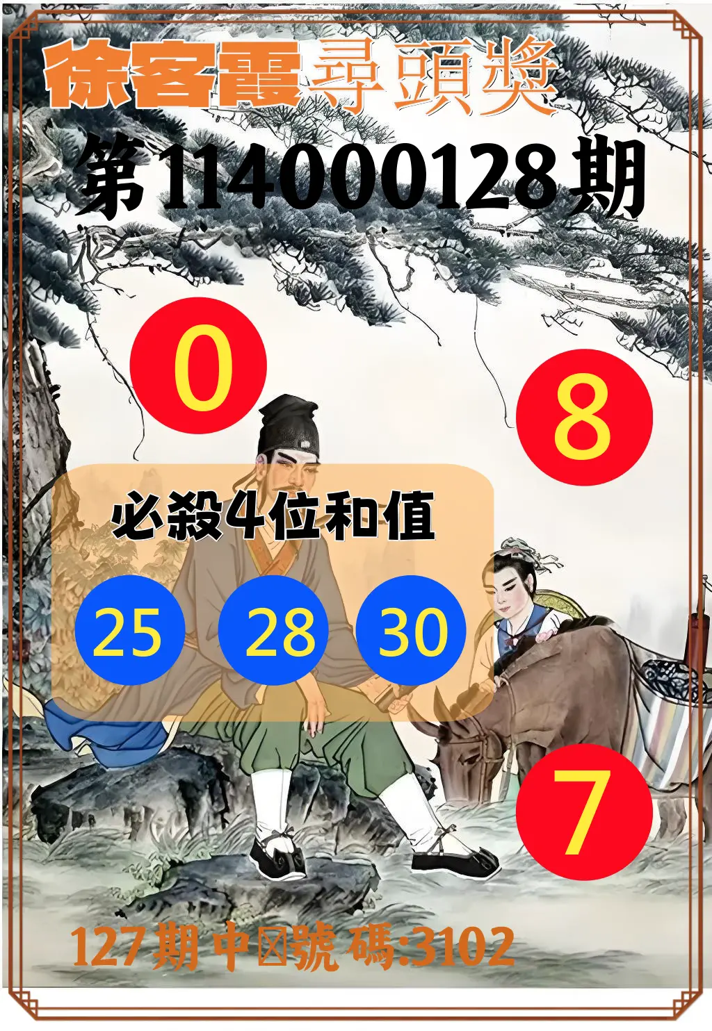 4星彩第114000128期徐客霞尋頭獎